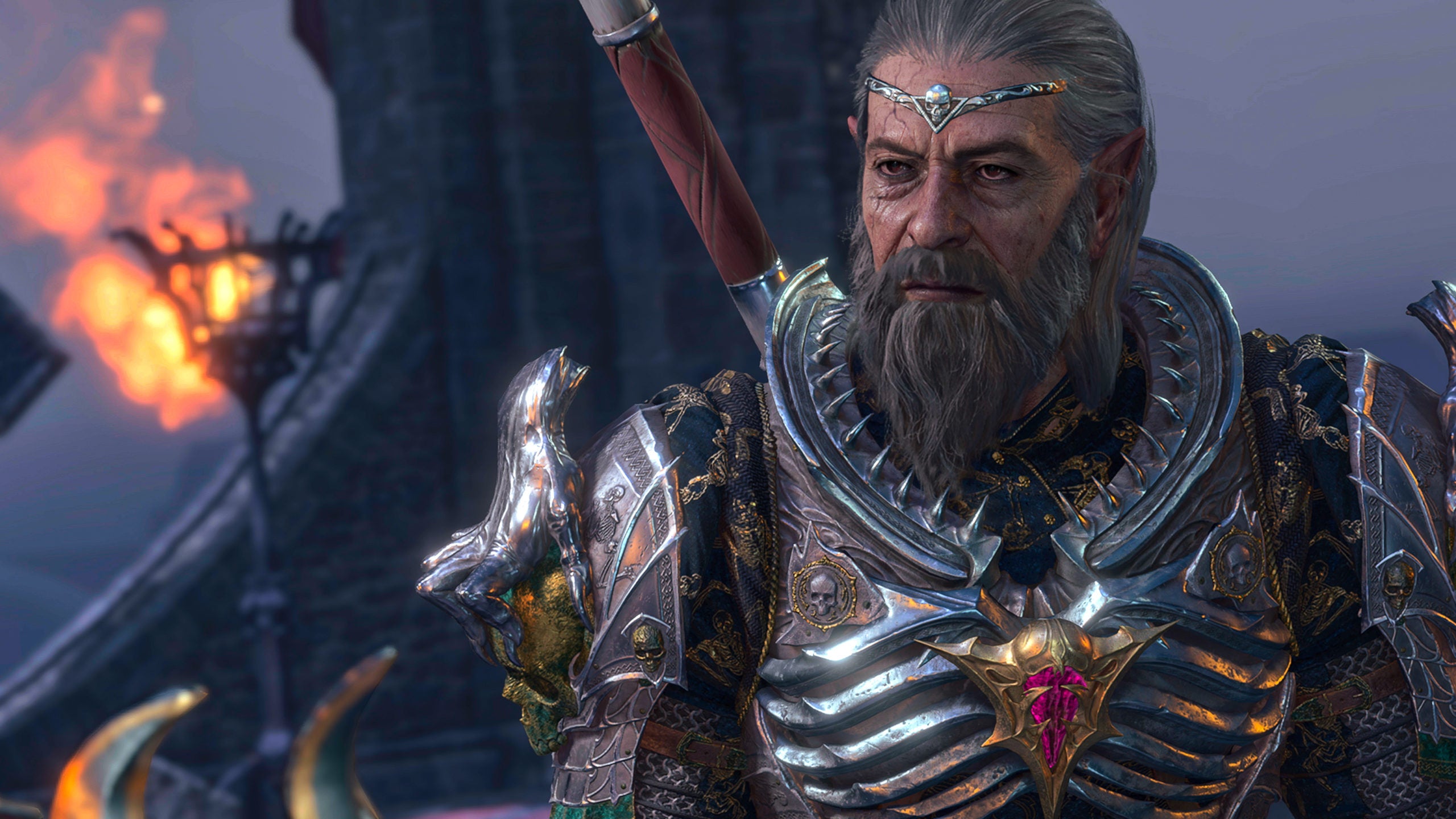 A screenshot of Ketheric Thorm, a necromancer with a greying beard in impressive evil looking armour. He's an antagonist in Baldur's Gate 3