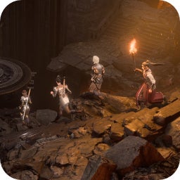 A party of travellers walk across some rocky terrain in Baldur's Gate 3.