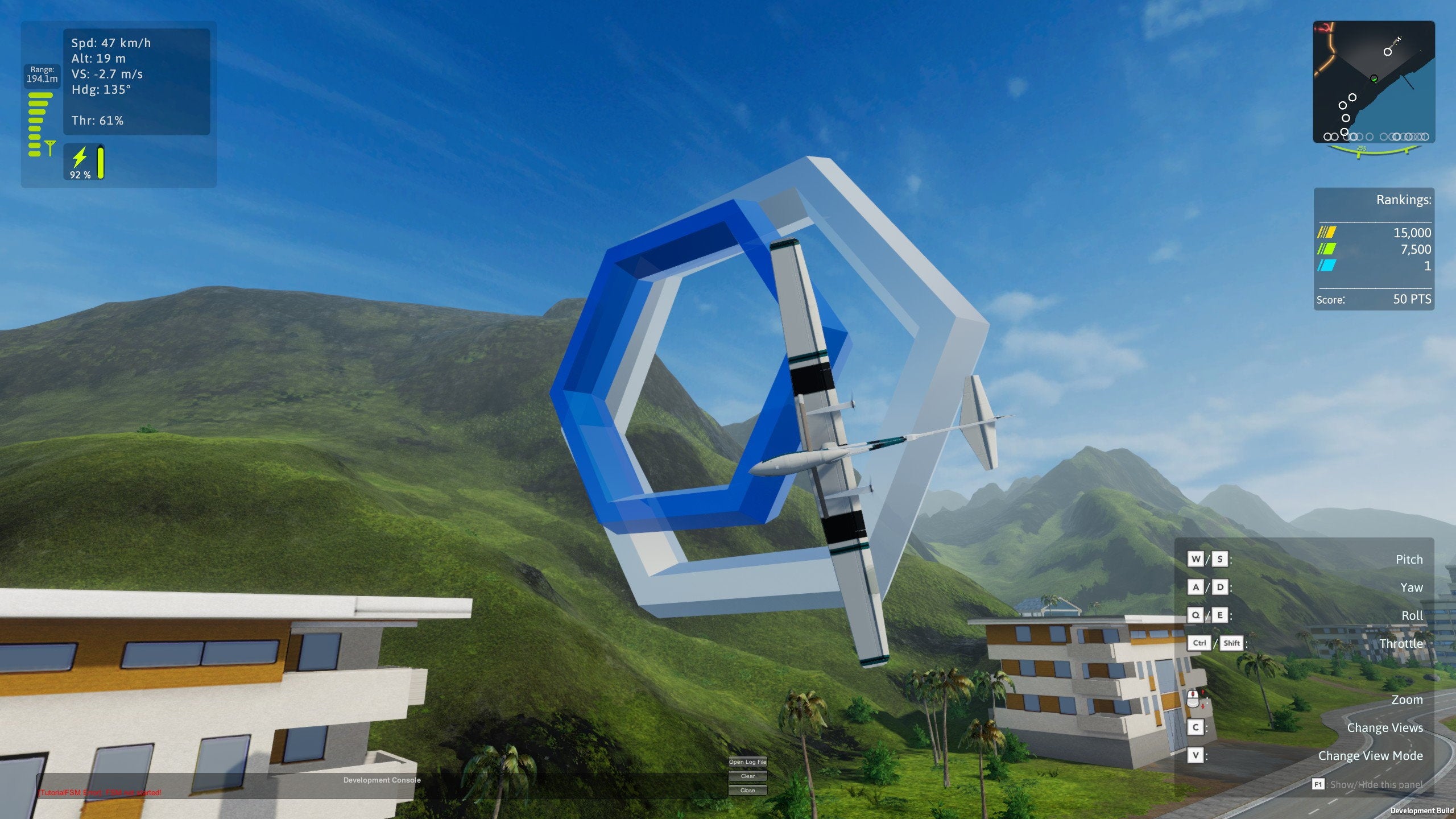 A model plane flies through grassy hills with a hexagonal goal in the sky in Balsa Model Flight Simulator