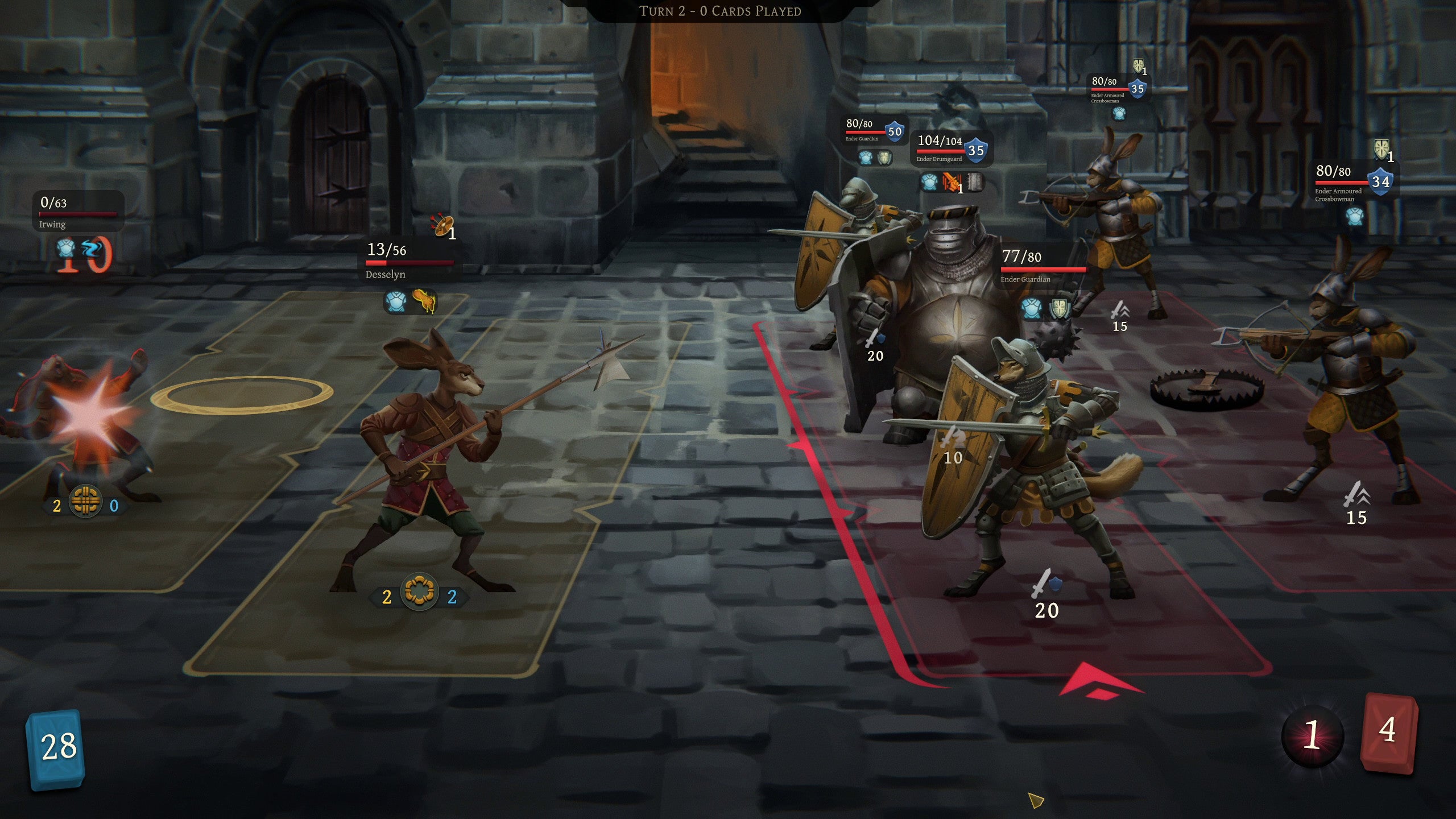 A screenshot of Banners Of Ruin showing a side-on battle between anthro rabbits and heavily armoured anthro bears, foxes and more.