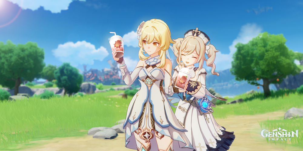 Barbara and Lumine enjoy a drink together in Genshin Impact.