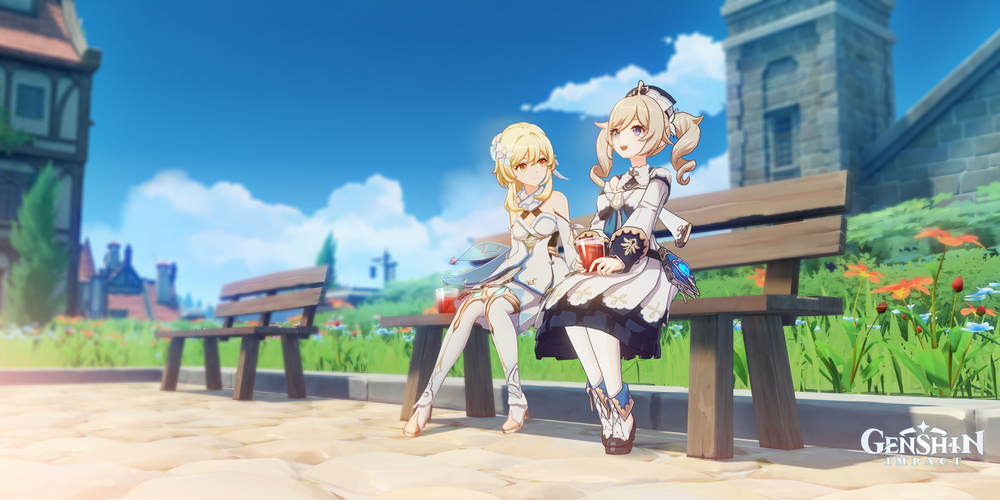 Barbara and Lumine sit on a bench and enjoy a drink in Genshin Impact's Mondstadt.