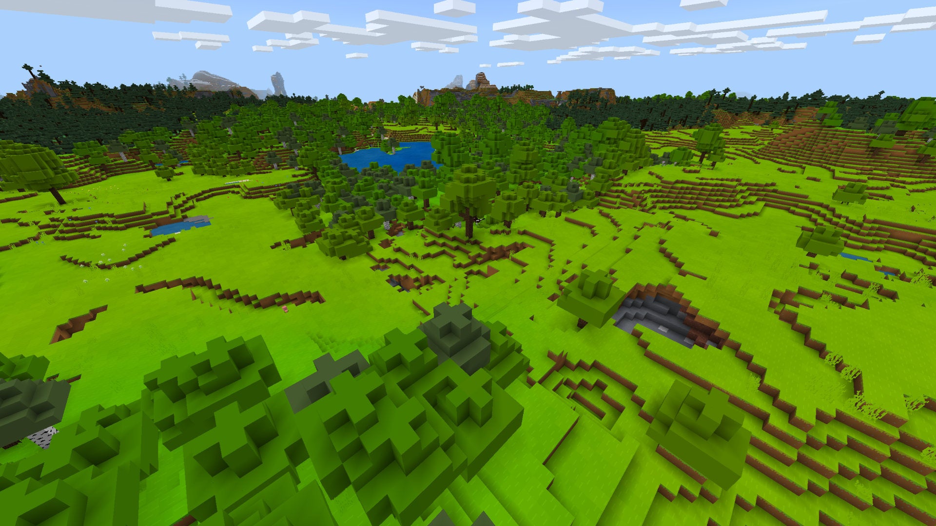 A Minecraft Bedrock screenshot of a landscape displayed using the PastelCraft Texture Pack.
