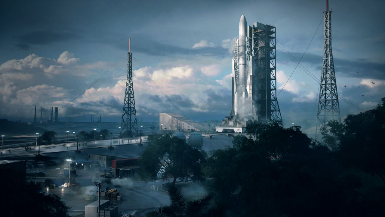 A wide shot of a map from Battlefield 2042 showing a spaceshuttle on a launch pad
