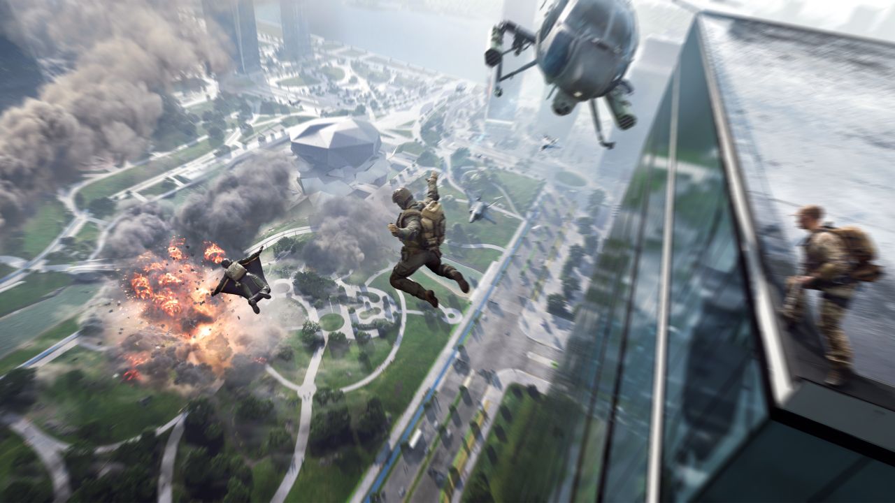 Soldiers leap out of a helicopter to fly down onto one of the maps in Battlefield 2042
