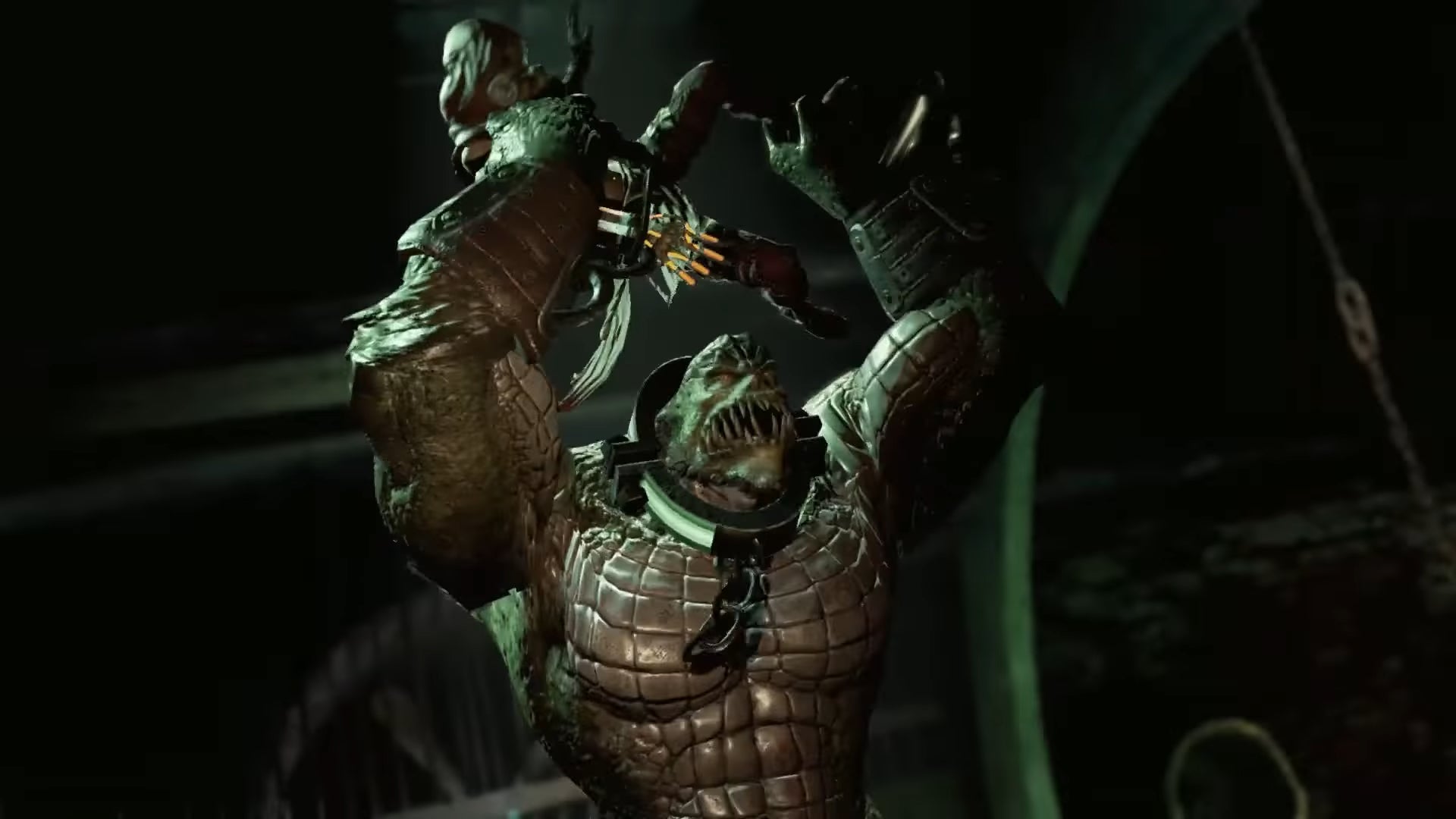 Killer Croc lifts Scarecrow up into the air in the sewers in Batman Arkham Asylum.