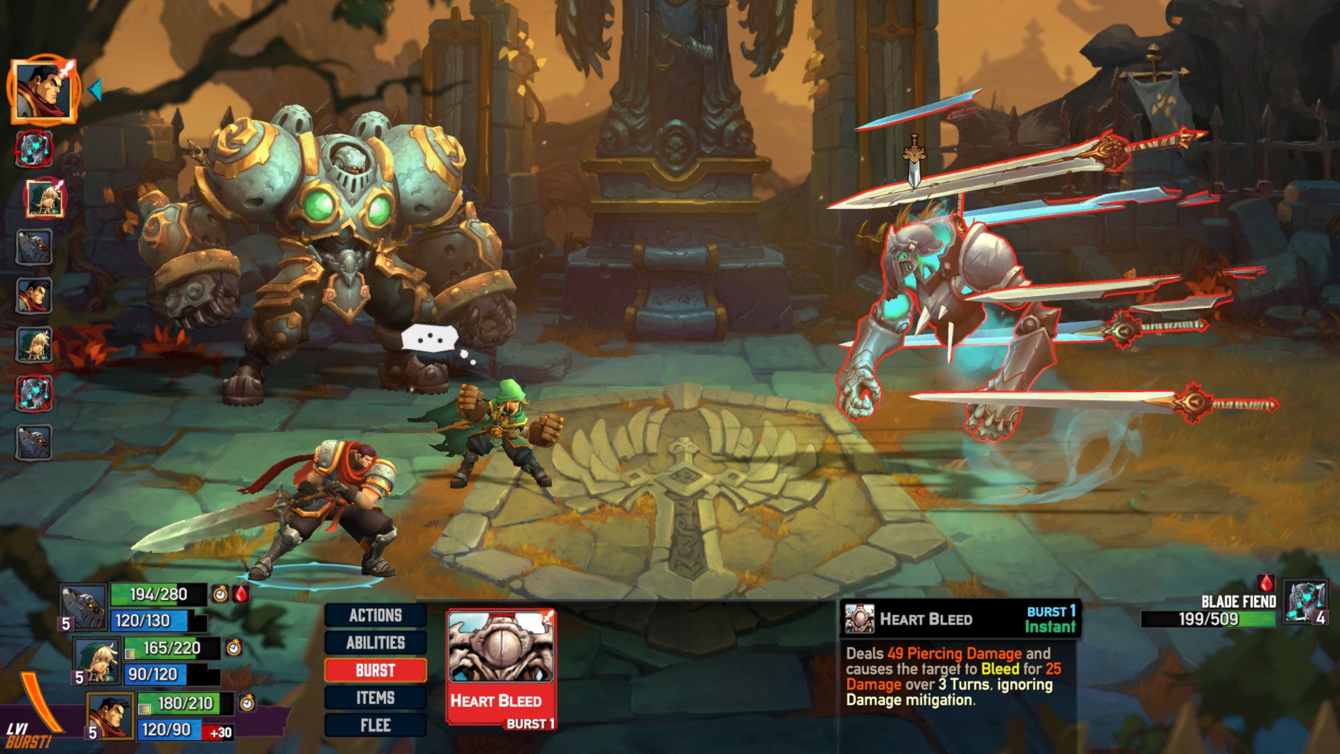 A screenshot showcasing Battle Chasers: Nightwar's side-on turn-based battles