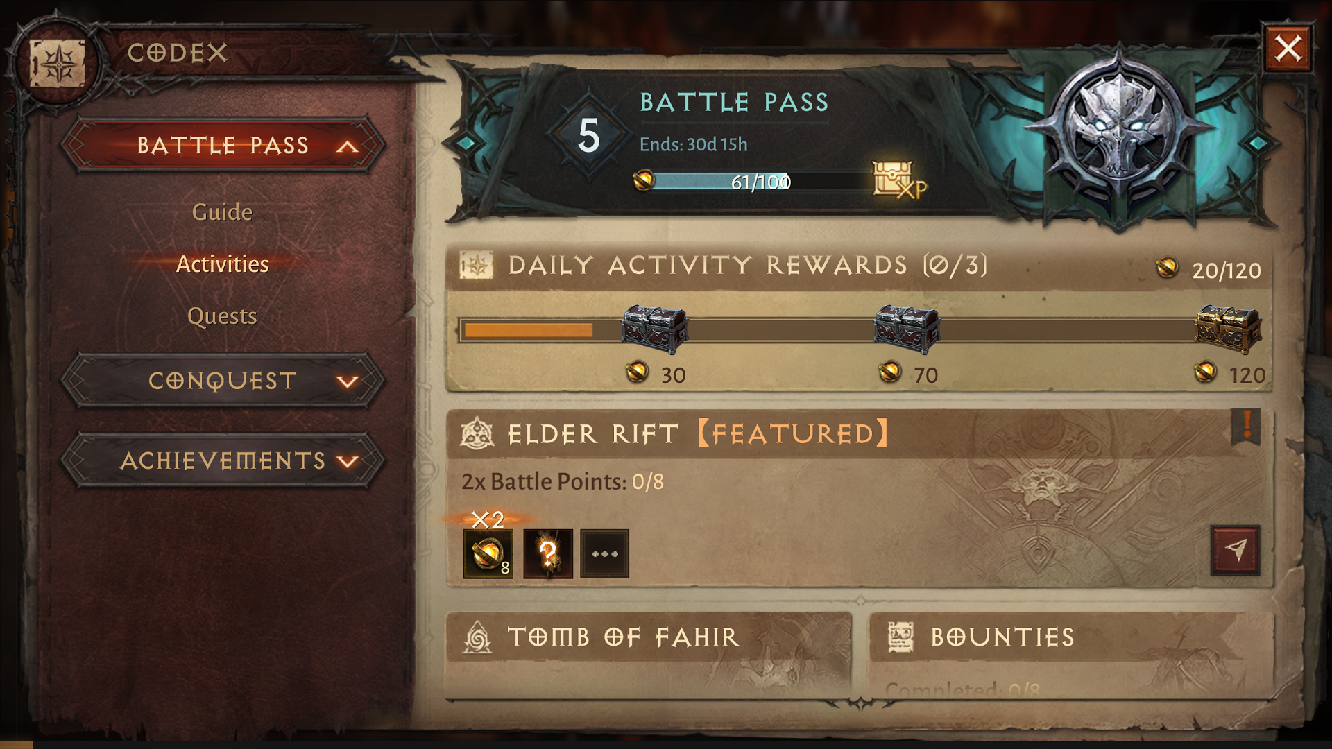 The activities and daily rewards tab for Diablo Immortal's Battle Pass
