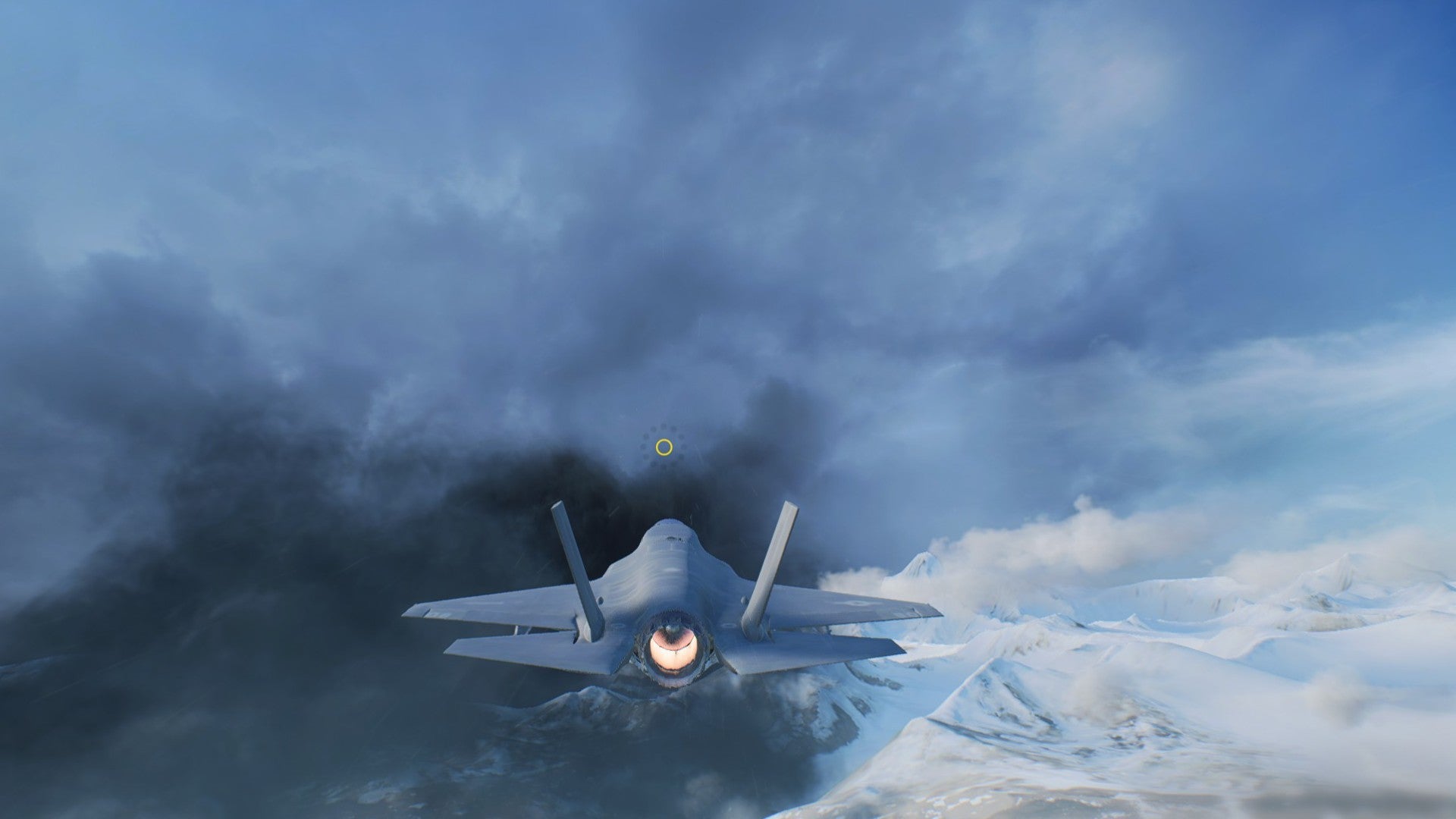 Jet subindo em altitude sobre um cenário de neve e montanha esfumaçada em Battlefield 2042