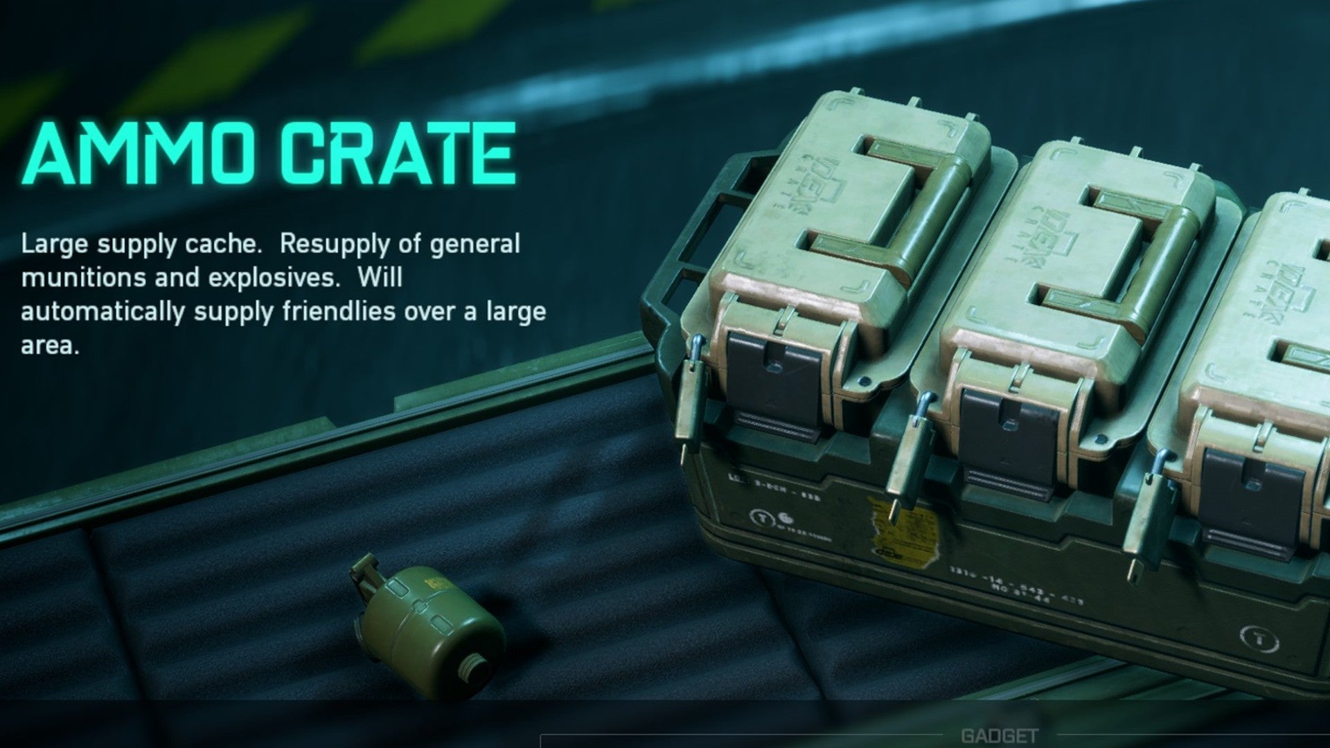 Ammo Crate pictured with some descriptive text in Battlefield 2042 loadout menu.