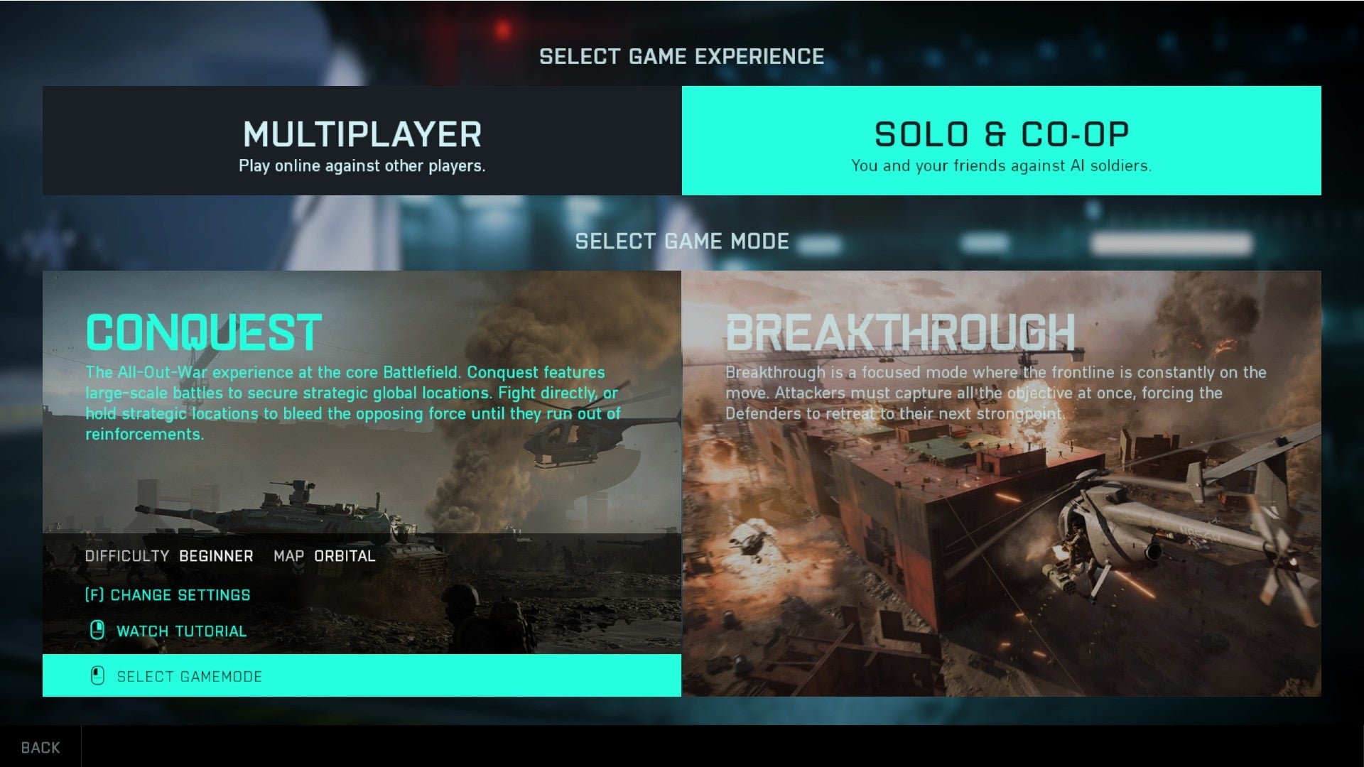 Battlefield 2042 mode select menu in All Out Warfare. Bar at the top shows bot mode as an option next to multiplayer