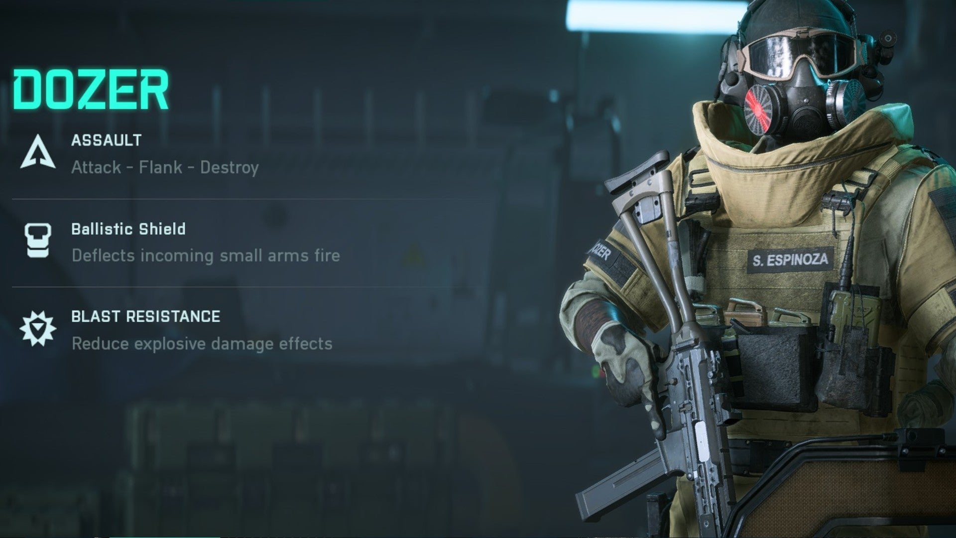 Dozer stood holding an SMG in the specialist selection menu. Text on the left describes their abilities.