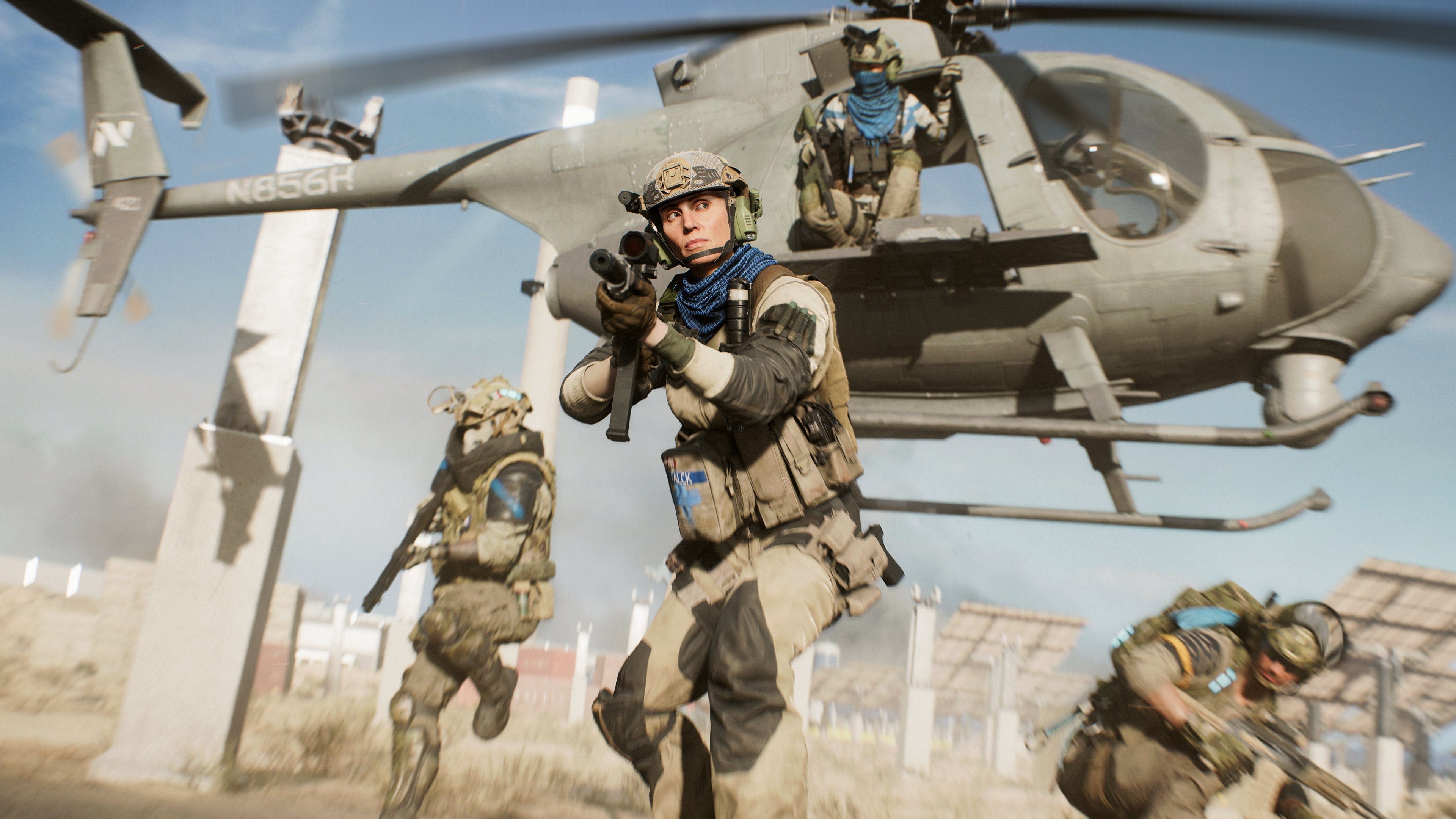 A squad leaps out a chopper in a Battlefield 2042 Hazard Zone screenshot.