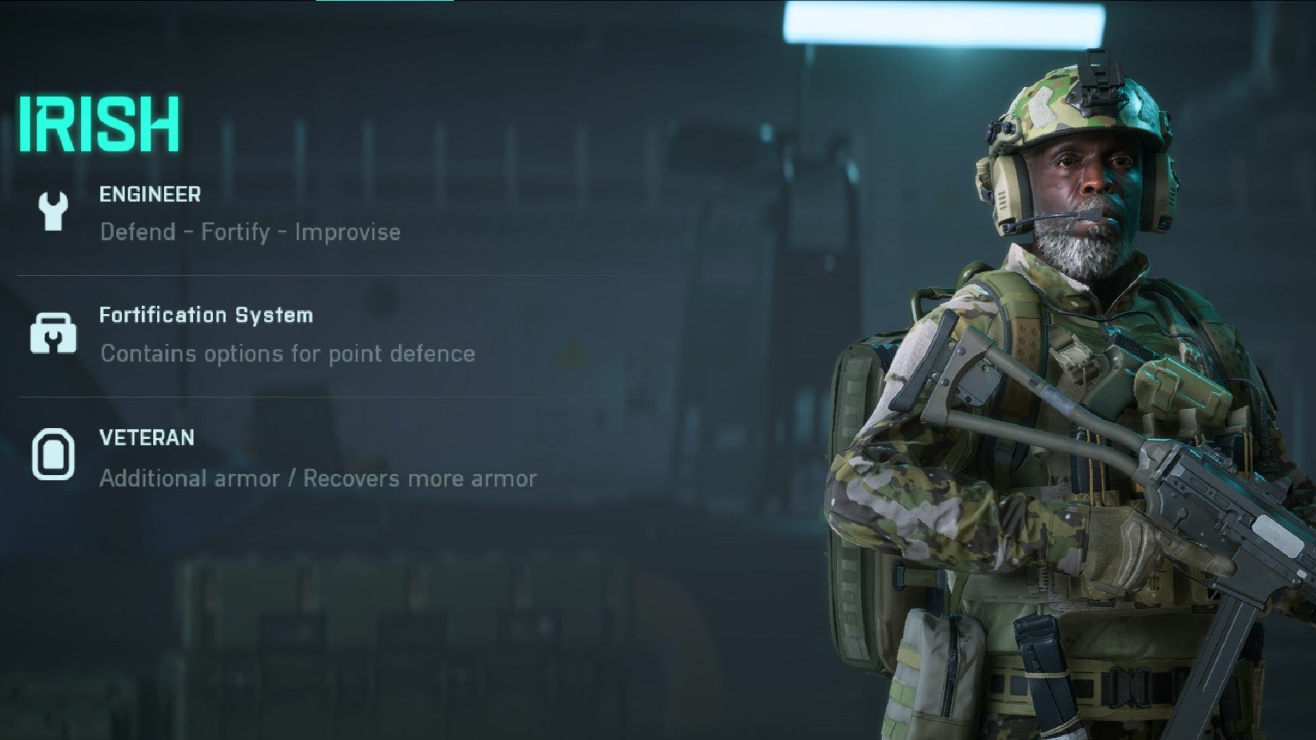 Irish stood holding an SMG in the specialist selection menu. Text on the left describes his abilities.