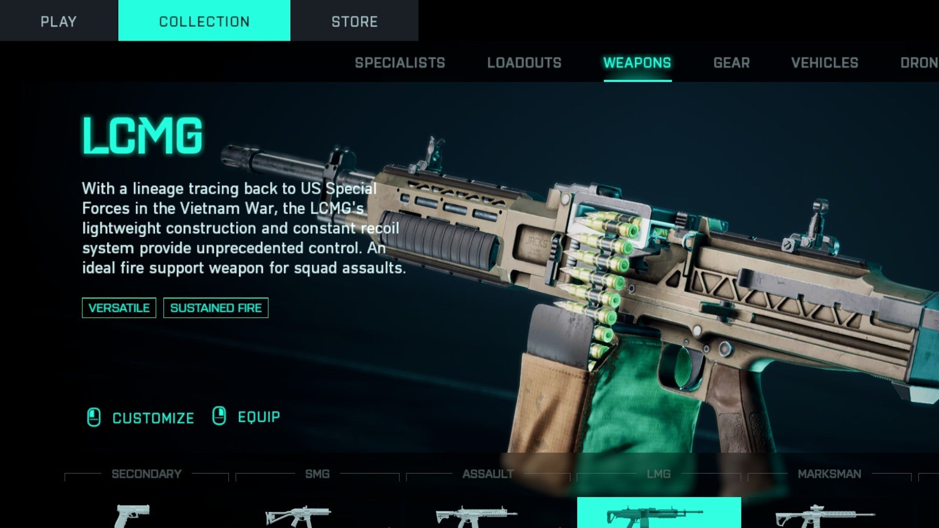 LCMG displayed in the Battlefield 2042 loadout screen. Other weapons can be seen pictured at the bottom. Text on the left describes the LCMG.