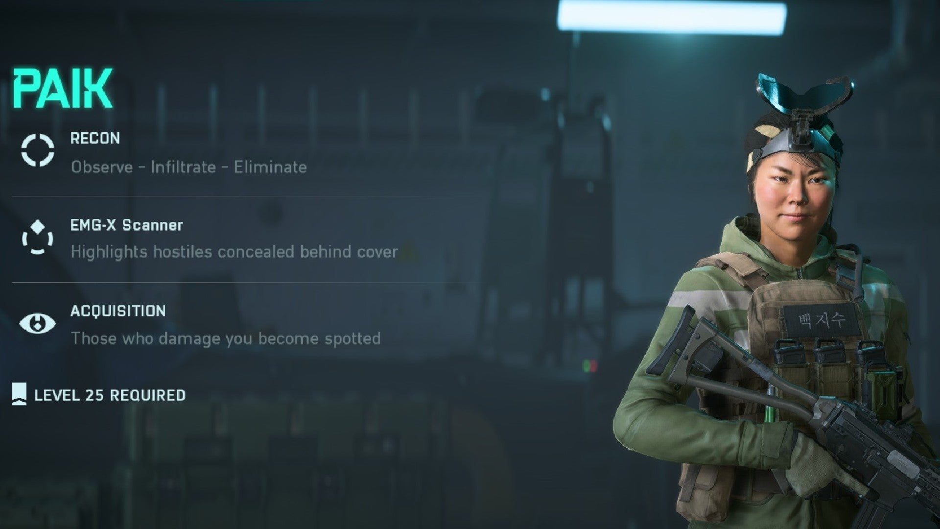 Paik stood holding an SMG in the specialist selection menu. Text on the left describes her abilities.
