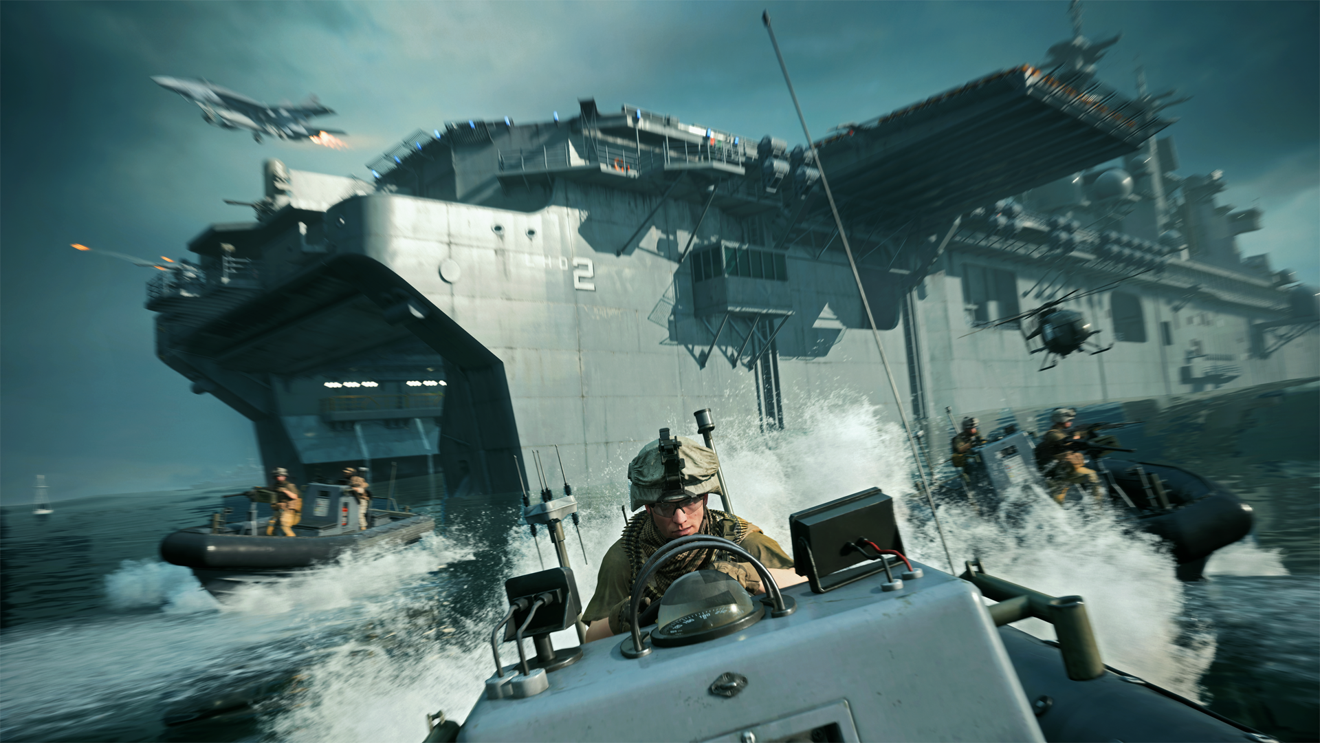 Armoured boats pour out of a large battleship in Battlefield 2042's Noshar Canals map