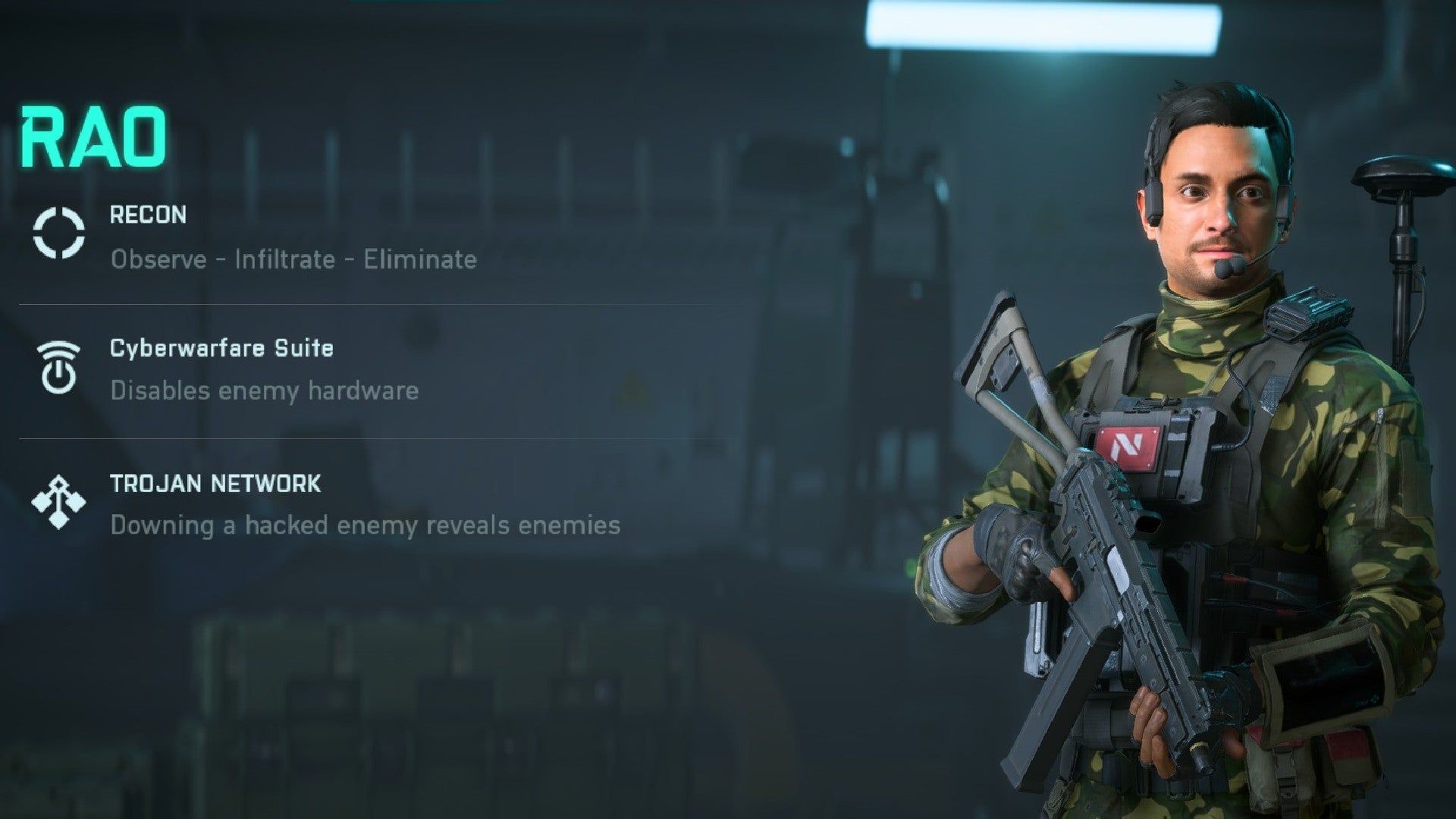 Rao stood holding an SMG in the specialist selection menu. Text on the left describes his abilities.