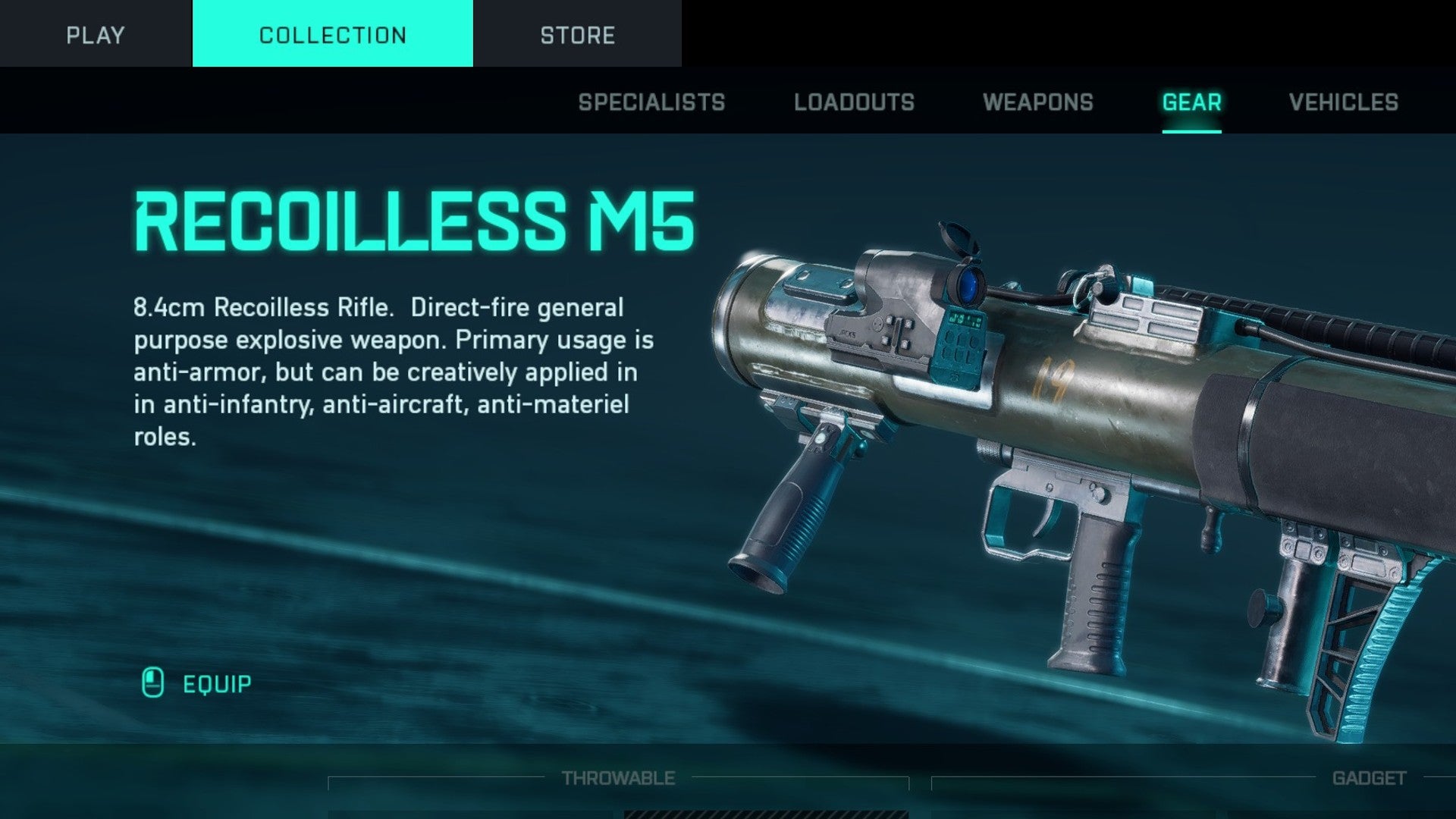 Recoilless M5 rocket launcher in Battlefield 2042 loadout menu.
