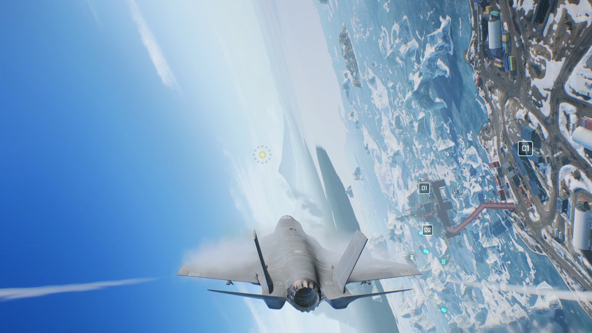 Jet rolando para virar um mapa coberto de neve em Battlefield 2042. Montanhas ao fundo