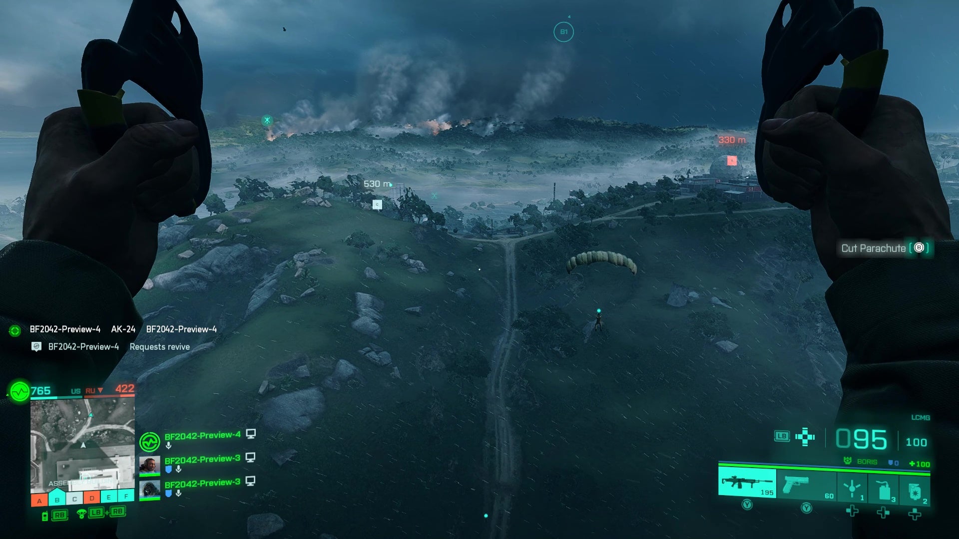 A player parachutes into woodland during a storm in Battlefield 2042.