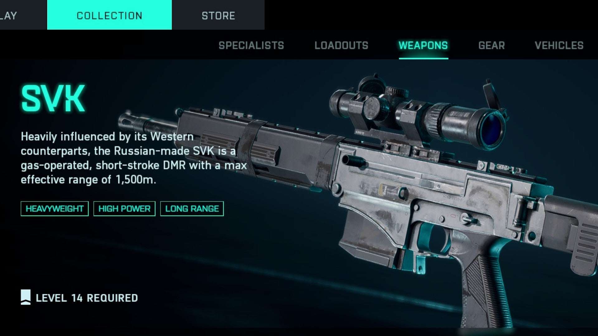 The SVK Sniper Rifle pictured in the Battlefield 2042 loadout screen.