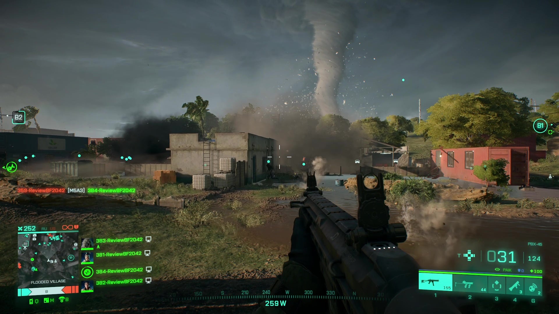 A tornado tears through a small encampment in Battlefield 2042.