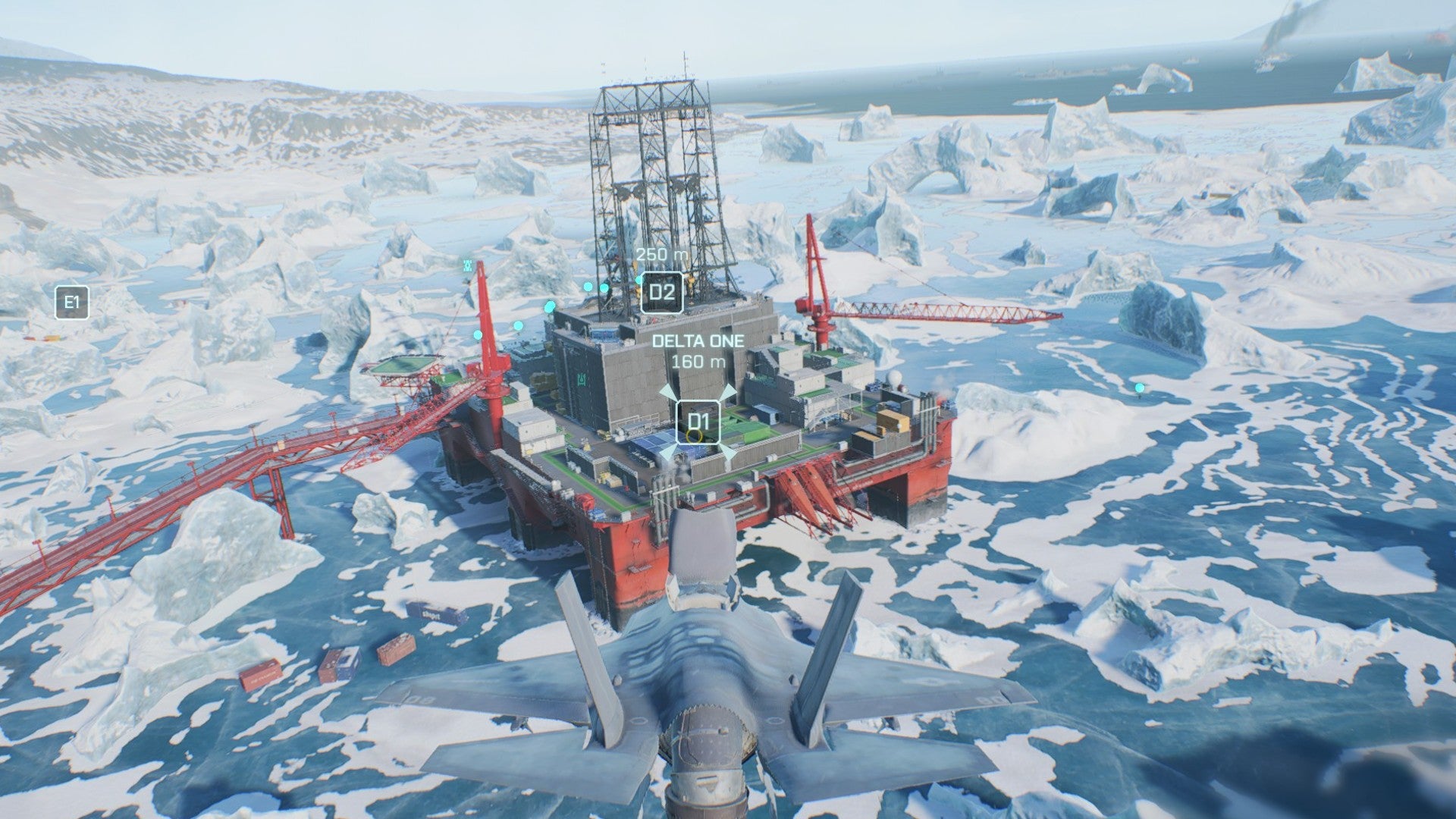 Jato VTOL pairando perto de uma plataforma de petróleo no meio de um mapa nevado em Battlefield 2042