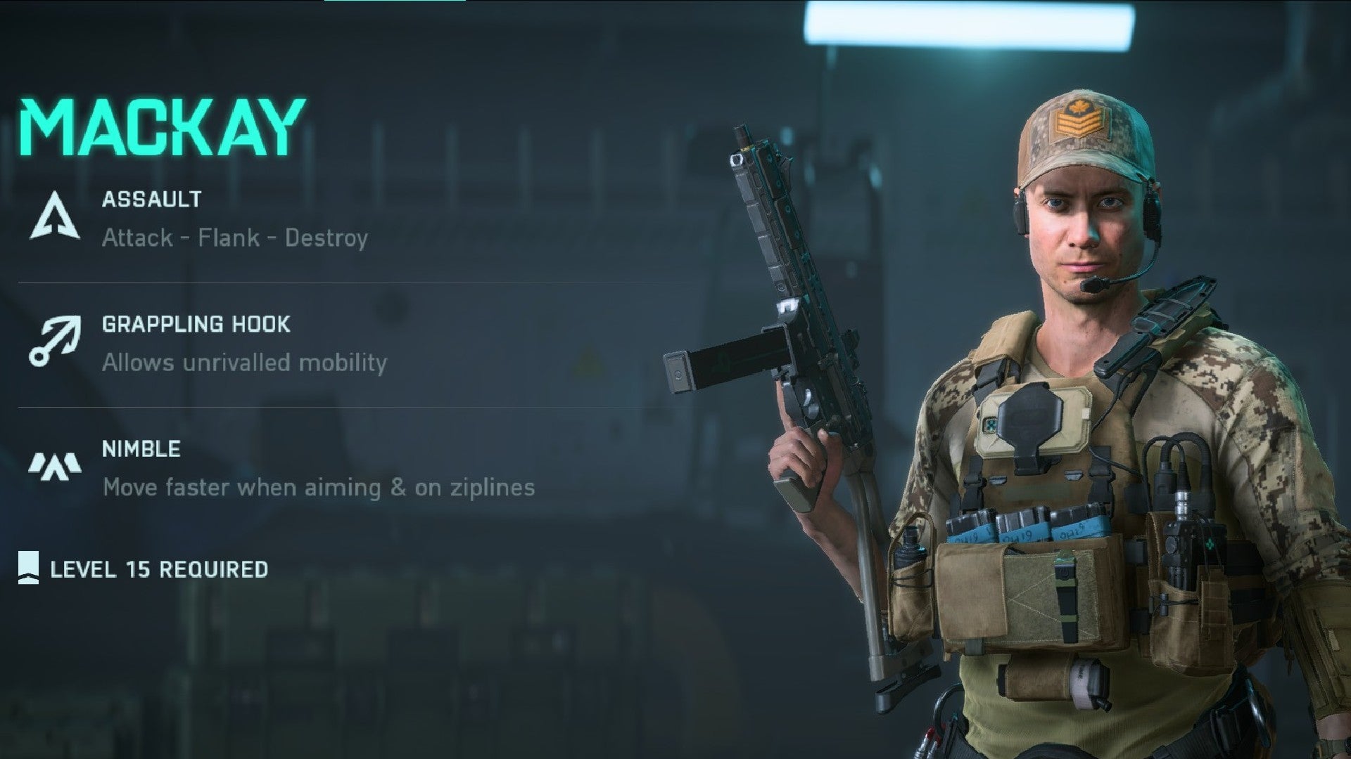 Mackay stood holding an SMG in the specialist selection menu. Text on the left describes his abilities.