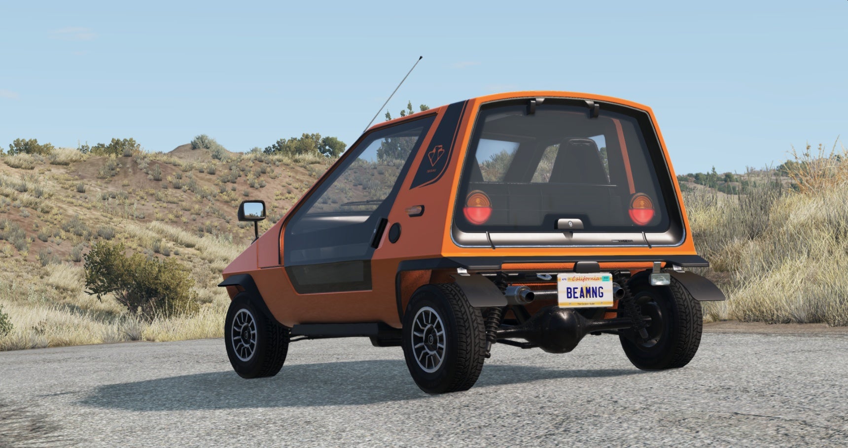 A screenshot of BeamNG.drive showing the sporty Ibishu Wigeon, a car, facing away from the camera in a dusty landscape.