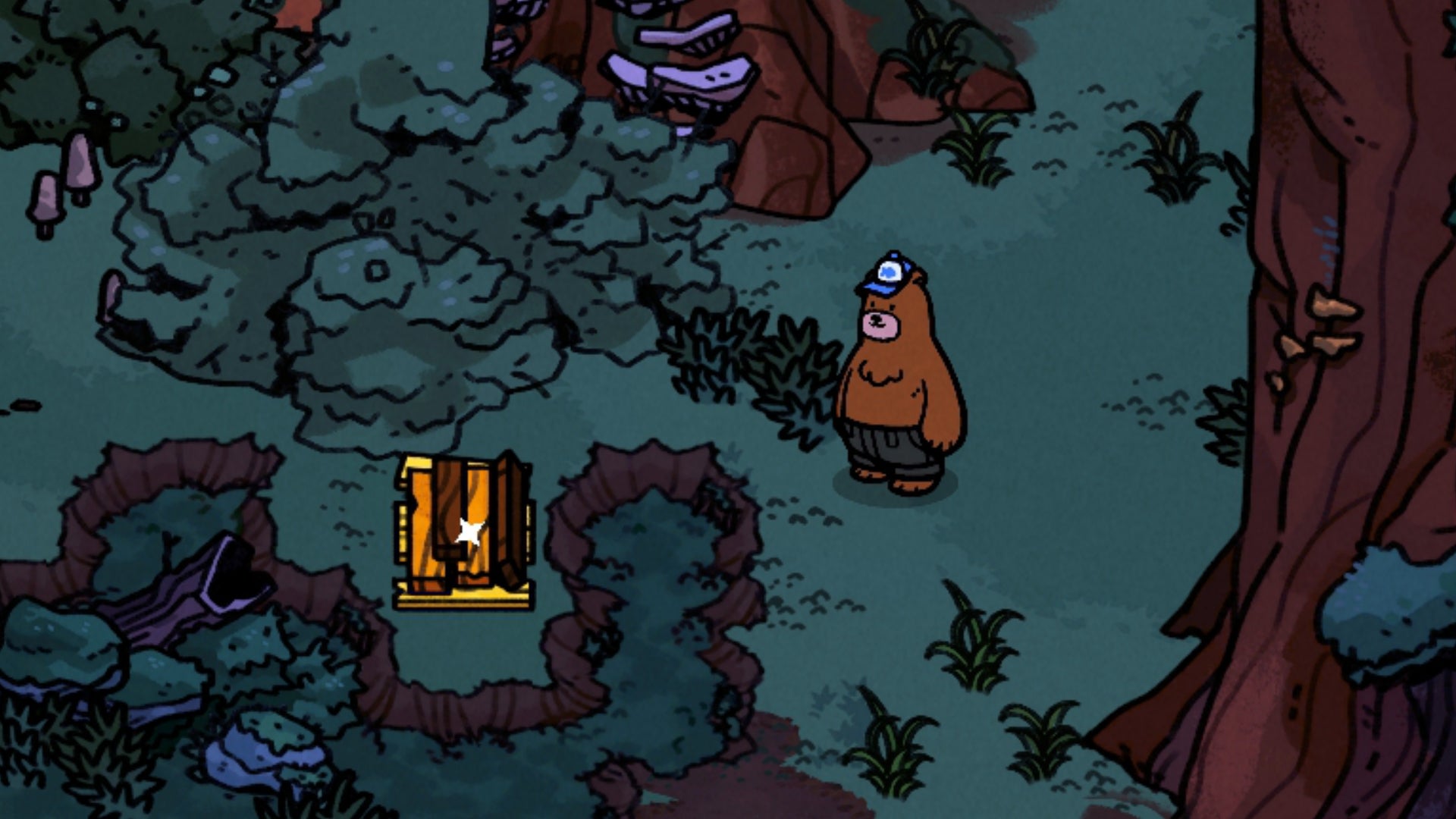 A screenshot of a forest area in Bear And Breakfast, with Hank looking down at a pallet of wood on the ground.