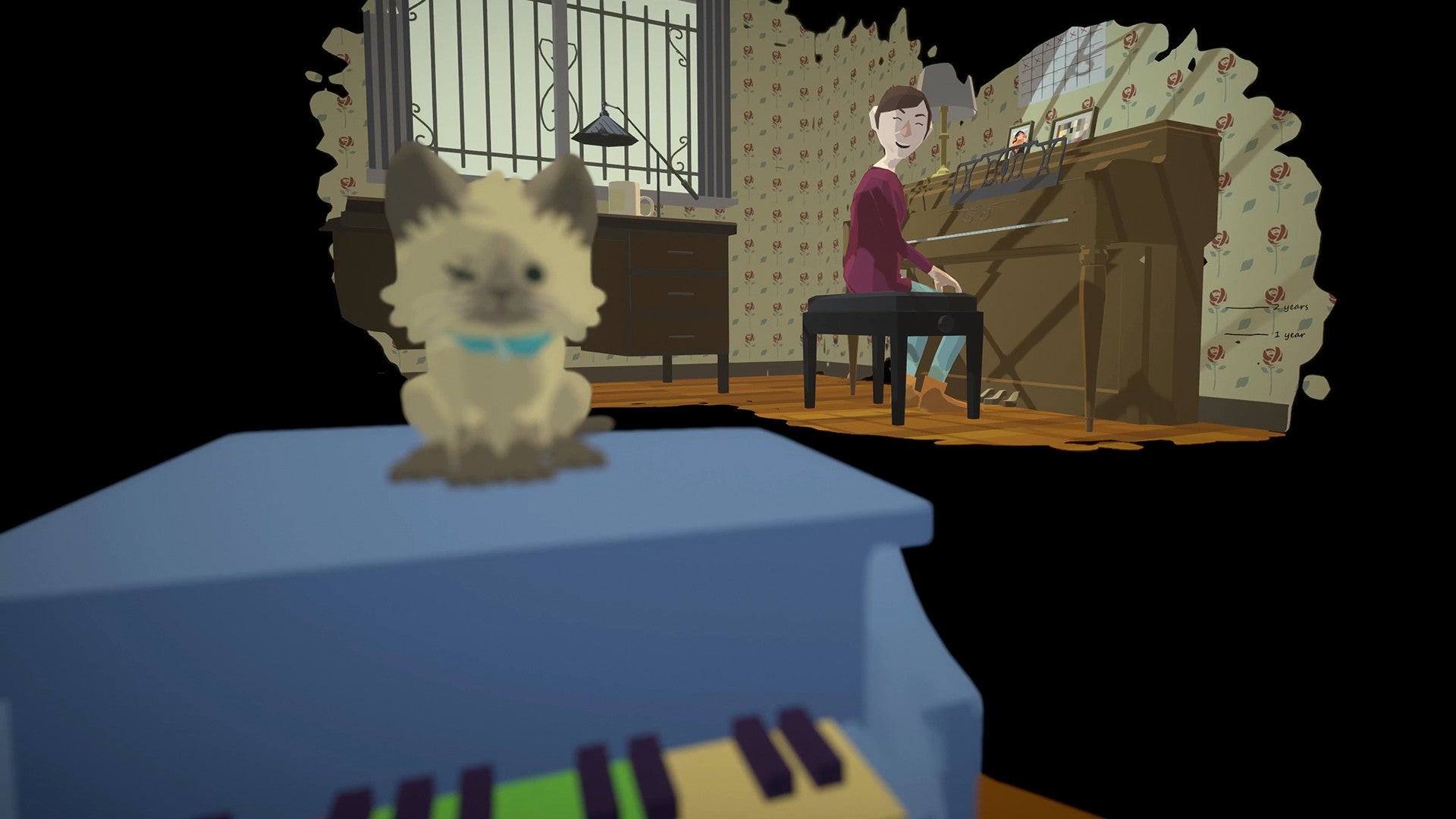 An image from Before Your Eyes which shows a cute cat on a mini-piano, while another figure in the background looks back at it, smiles, and plays a piano.