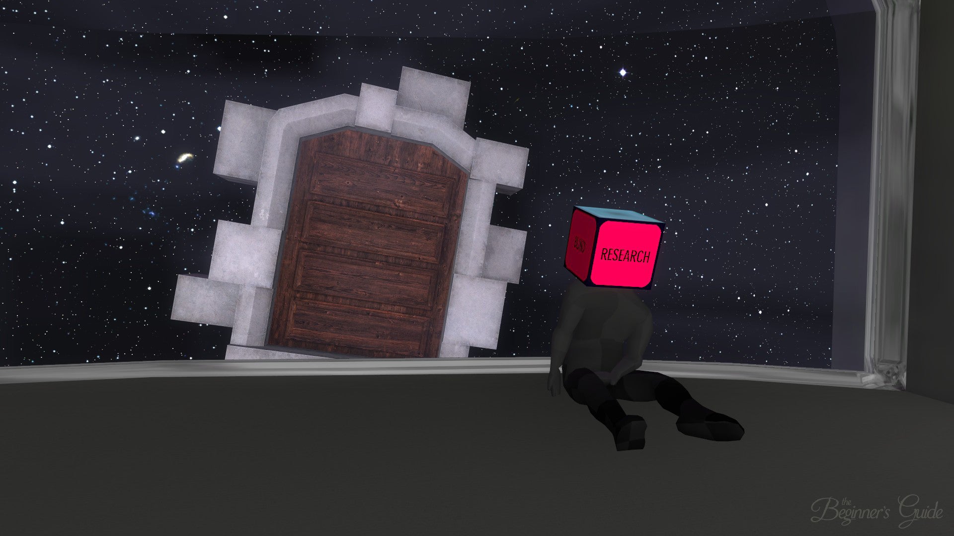 A human figure with a red cube for a head that says Research sits near a wooden door in The Beginner's Guide