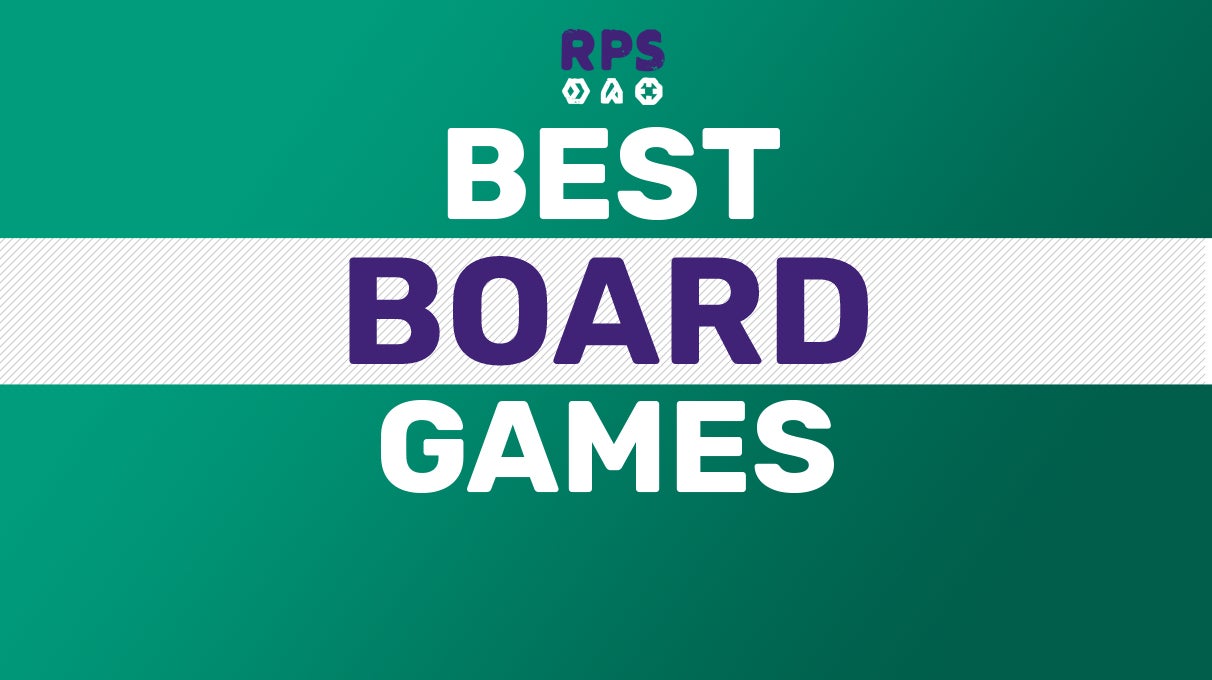 A sea green background with the title BEST BOARD GAMES on top, underneath a small Rock Paper Shotgun logo.