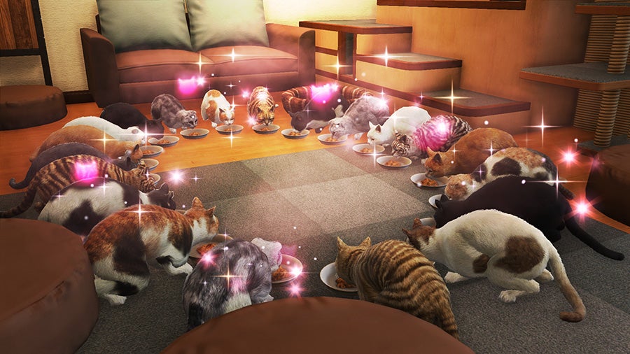 Many cats sitting in a circle eating in a cat cafe in Yakuza 6