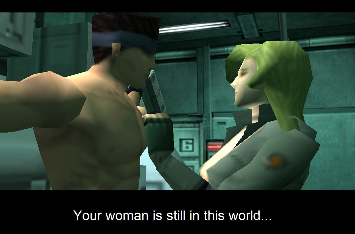 A pointy polygon woman holds a gun to a pointy, polygon Solid Snake in Metal Gear Solid