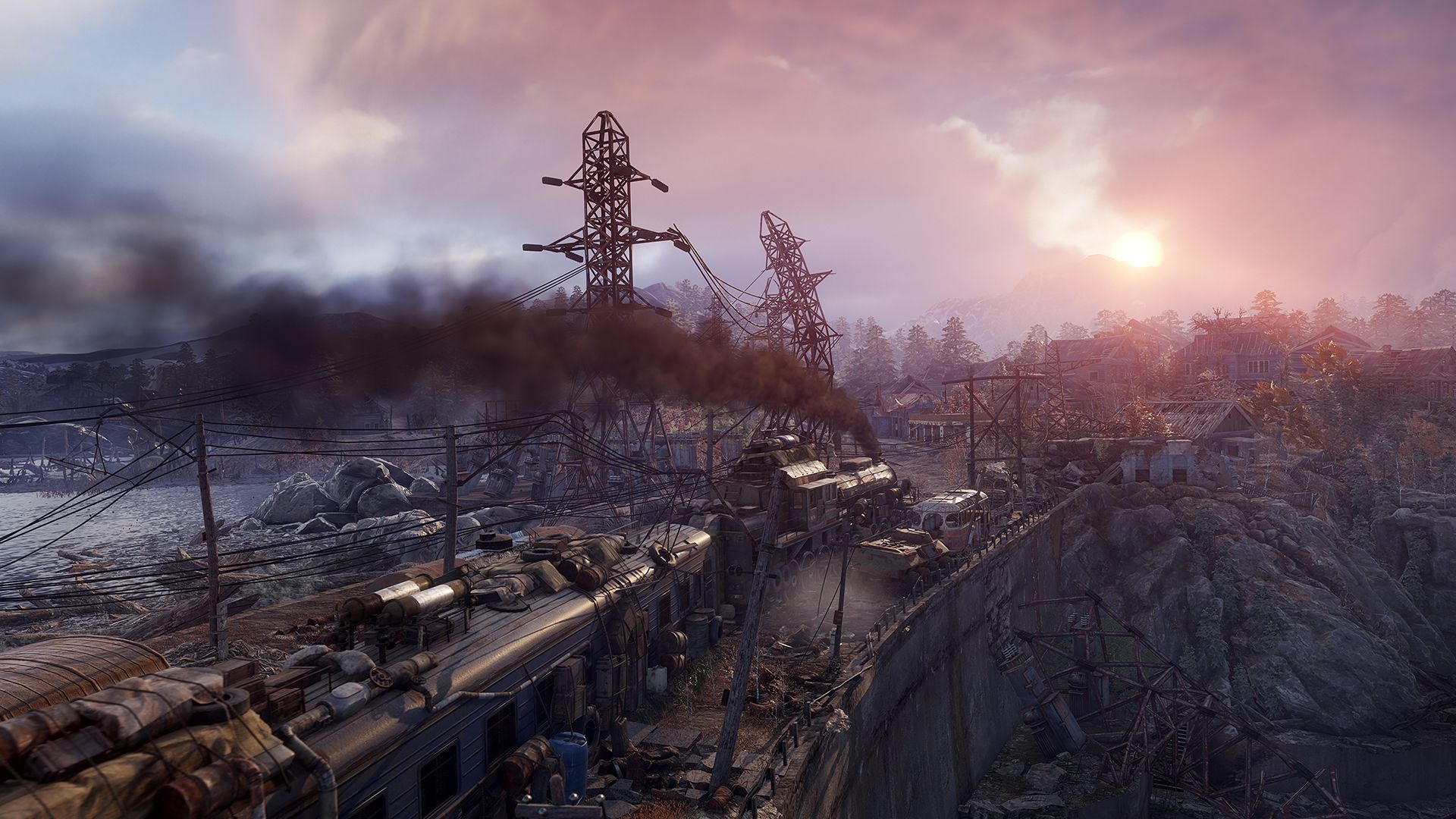 The train in Metro Exodus travelling through an abandoned village at sundown