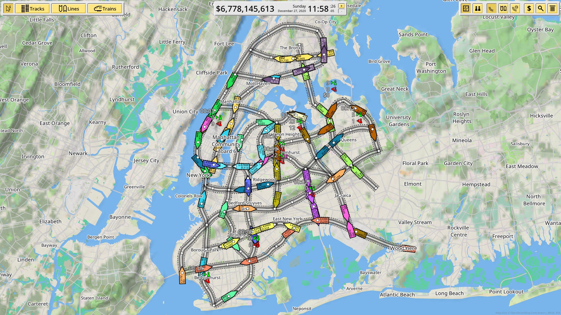 A map in Nimby Rails showing a new train network mapped over New York
