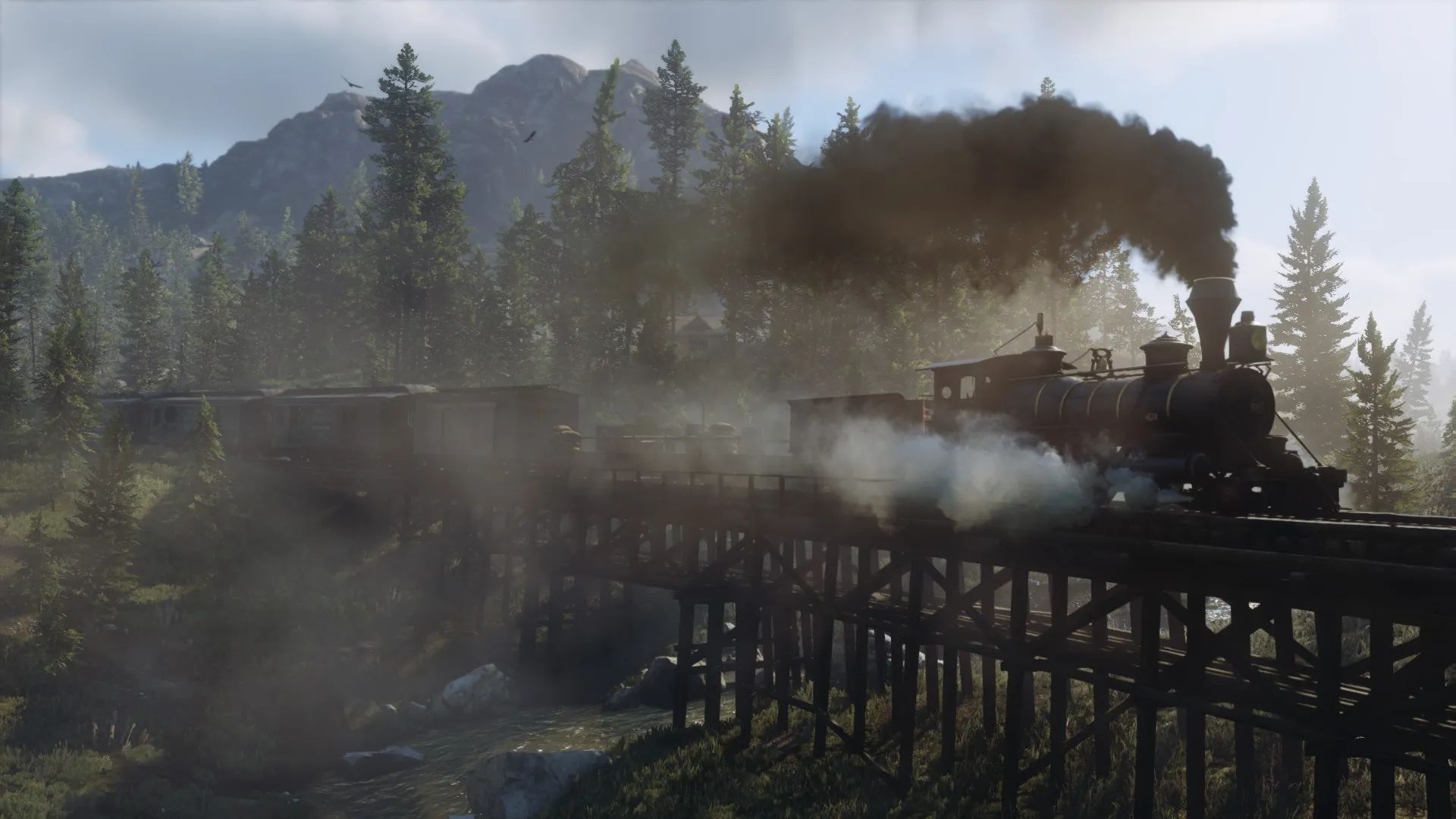 A steam train in Red Dead Redemption 2, making its way over a bridge
