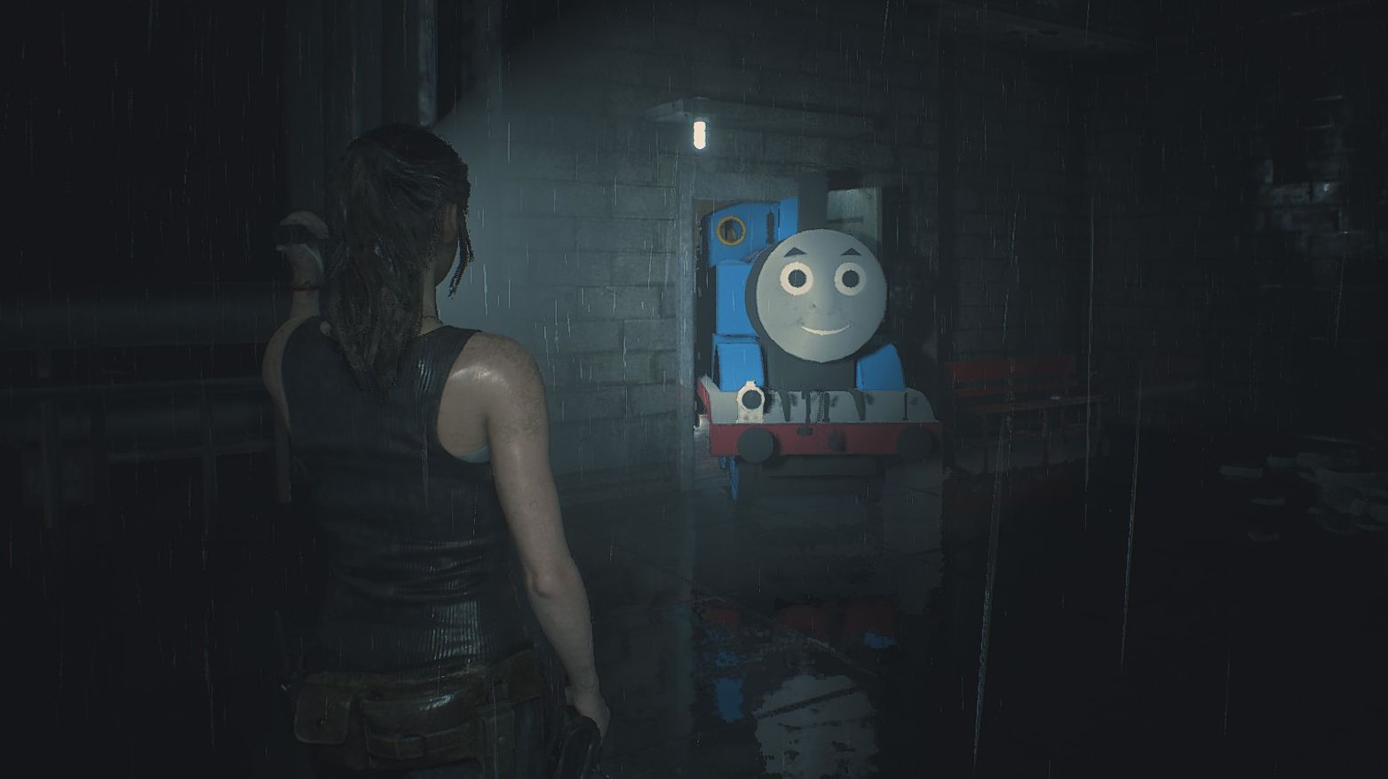 Thomas the Tank Engine advancing in a menacing manner in Resident Evil 2 (courtesy of a mod)