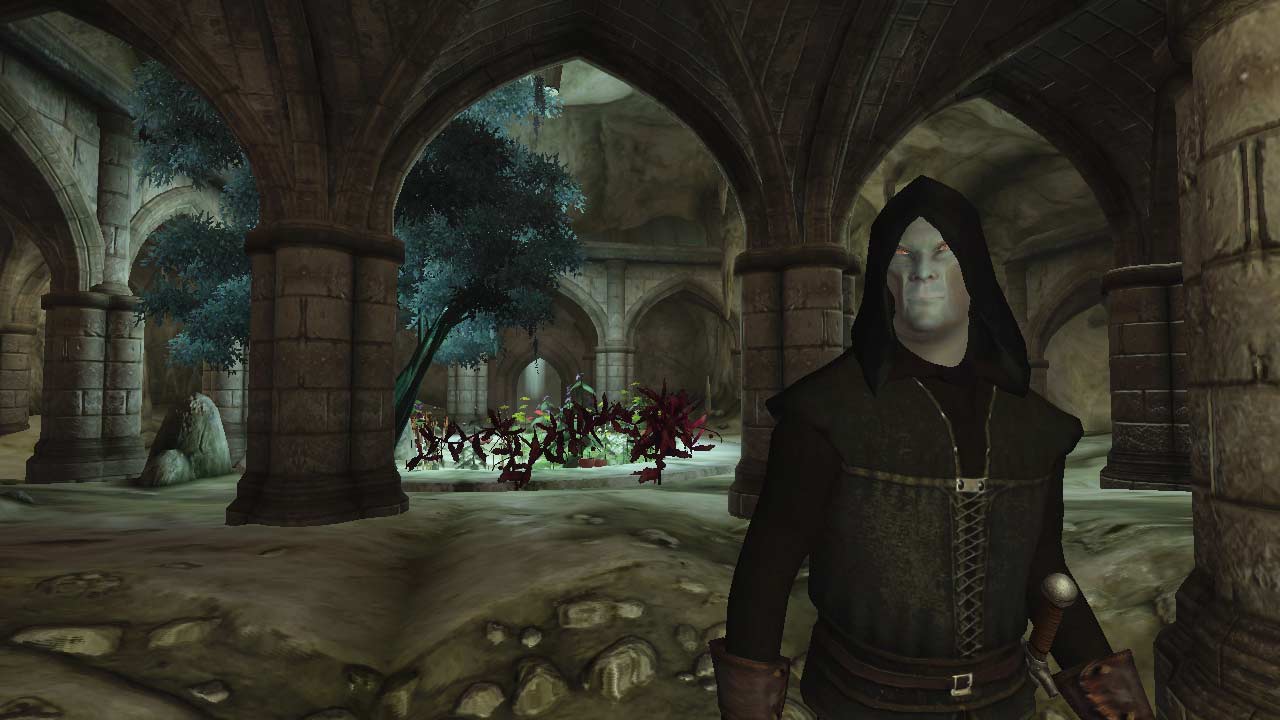 A hooded man stands inside a dark archway in Elder Scrolls IV: Oblivion