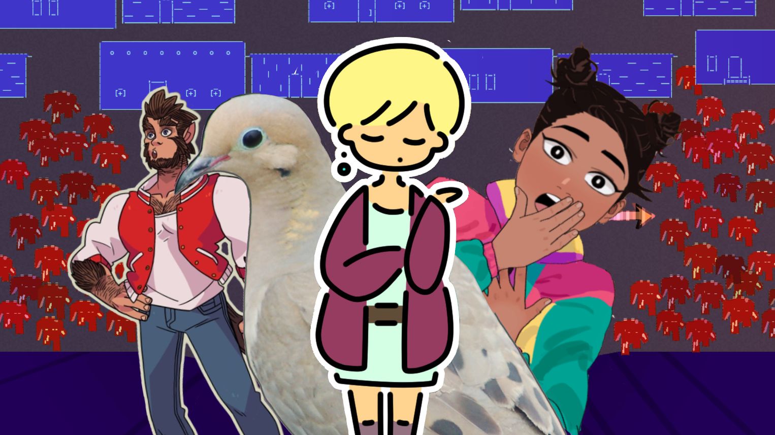 A composite image of characters from Monster Prom, Hatoful Boyfriend, Butterfly Soup and A Year Of Springs