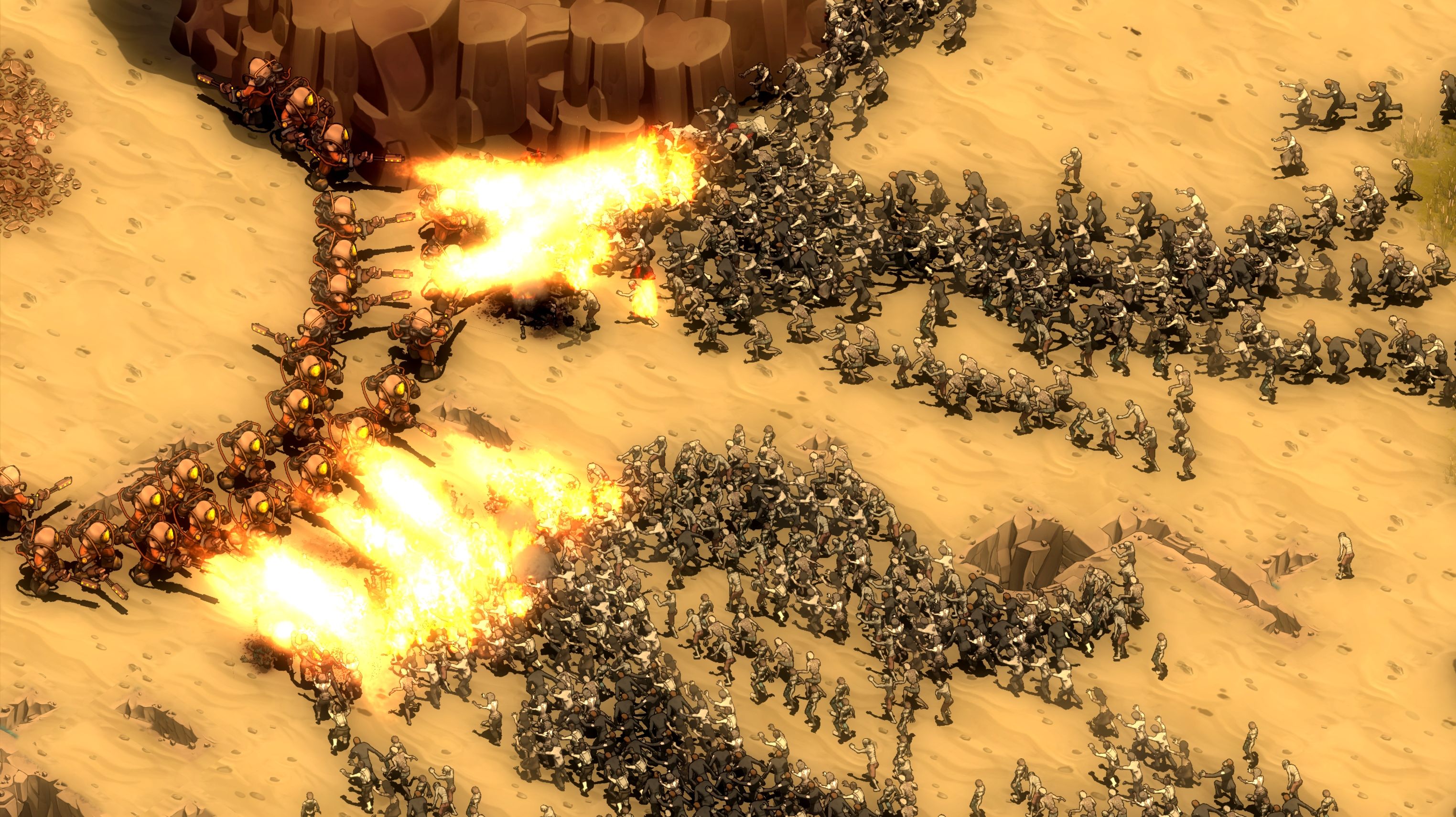 Uma enorme horda de zumbis atacando uma linha defensiva de soldados lança-chamas em They Are Billions