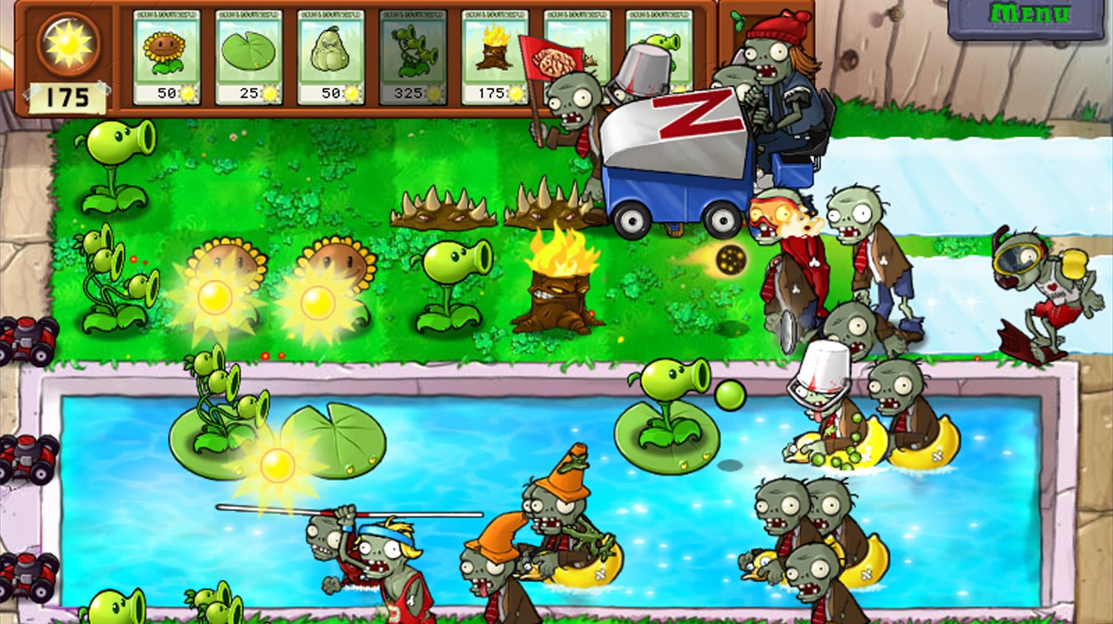 Zombies embarking on their slow, shambling attack in Plants vs. Zombies