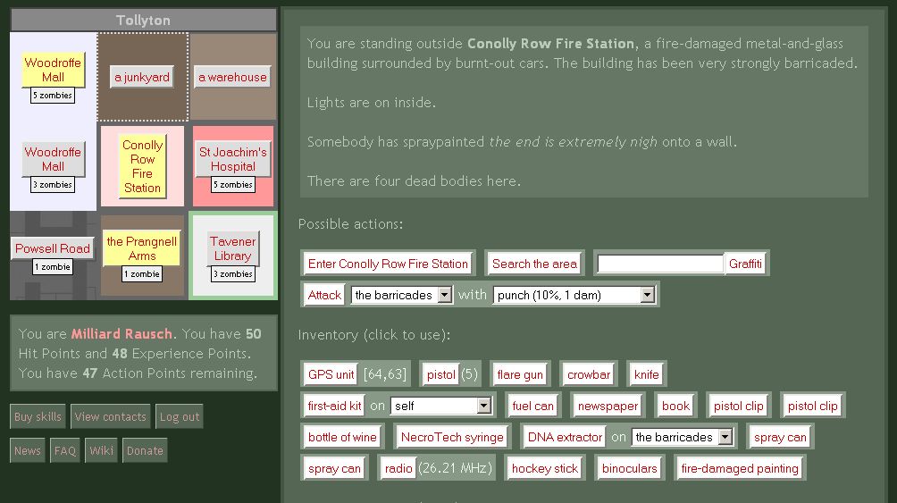 A screenshot of the text-adventure Urban Dead. The player is exploring an abandoned fire station