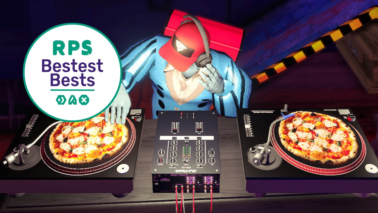 DJing with pizzas as records in a Betrayal At Club Low screenshot with the RPS Bestest Best logo in the corner