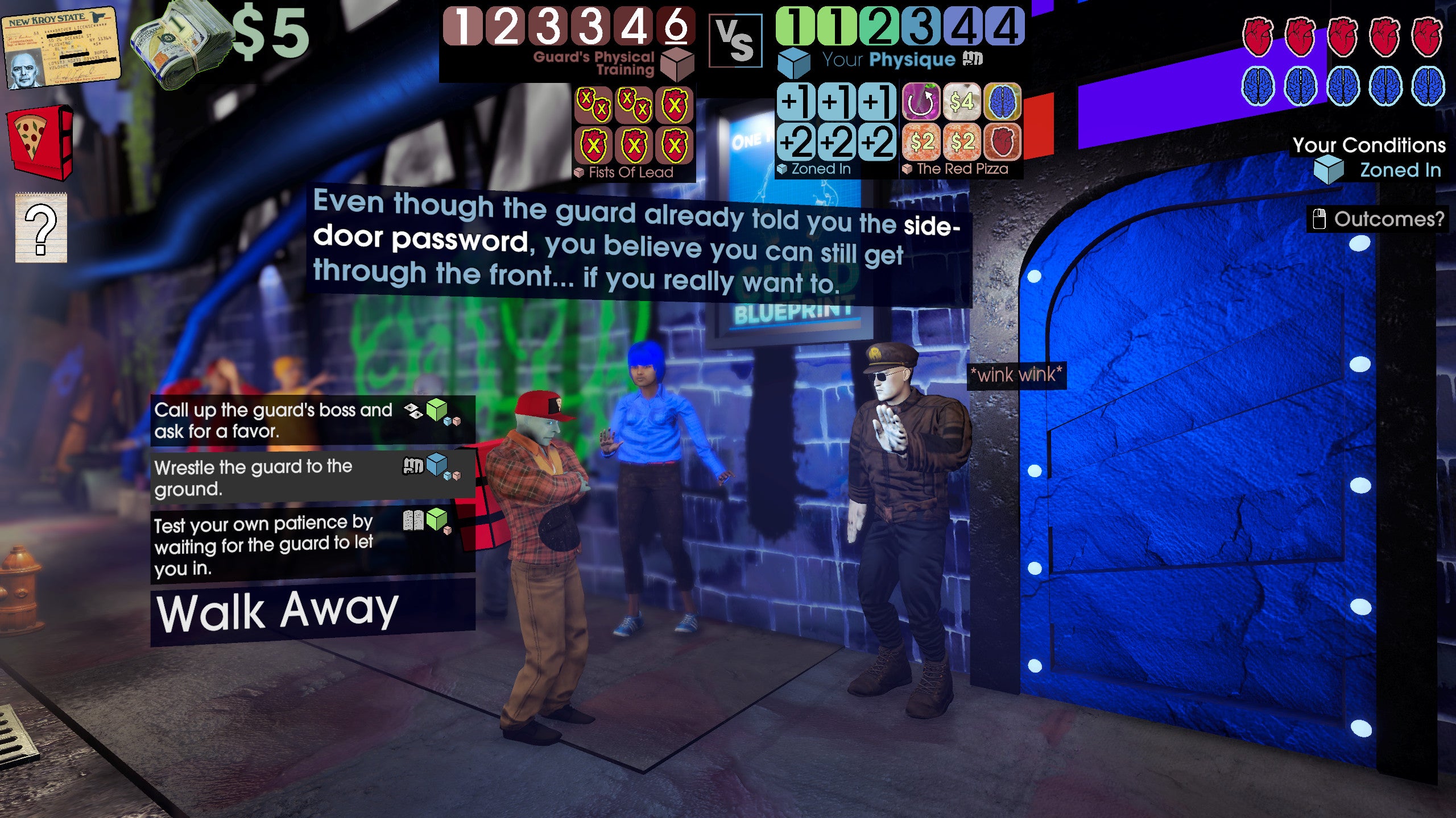 Considering wrestling the bouncer in a Betrayal At Club Low screenshot.