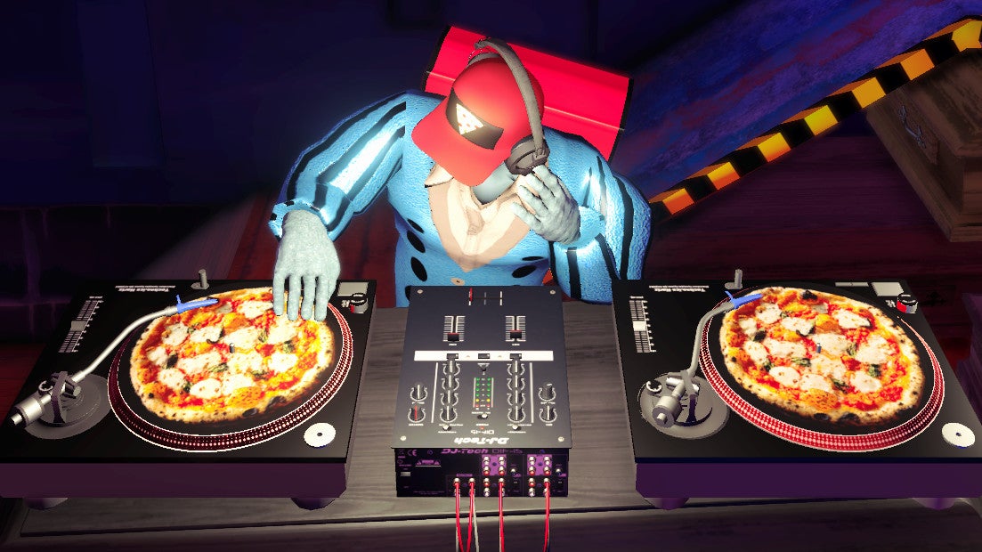 DJing with pizzas as records in a Betrayal At Club Low screenshot.