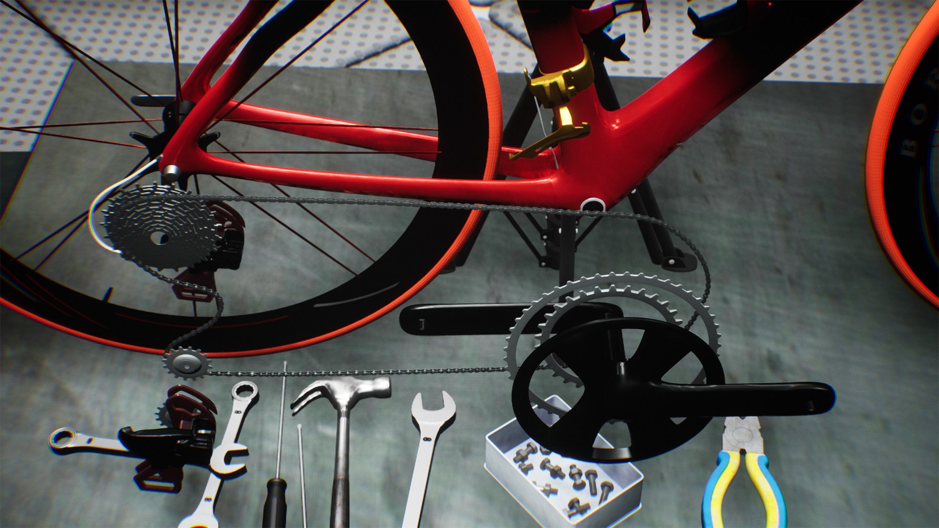 Fixing a bike in a Bicycle Mechanic Simulator screenshot.