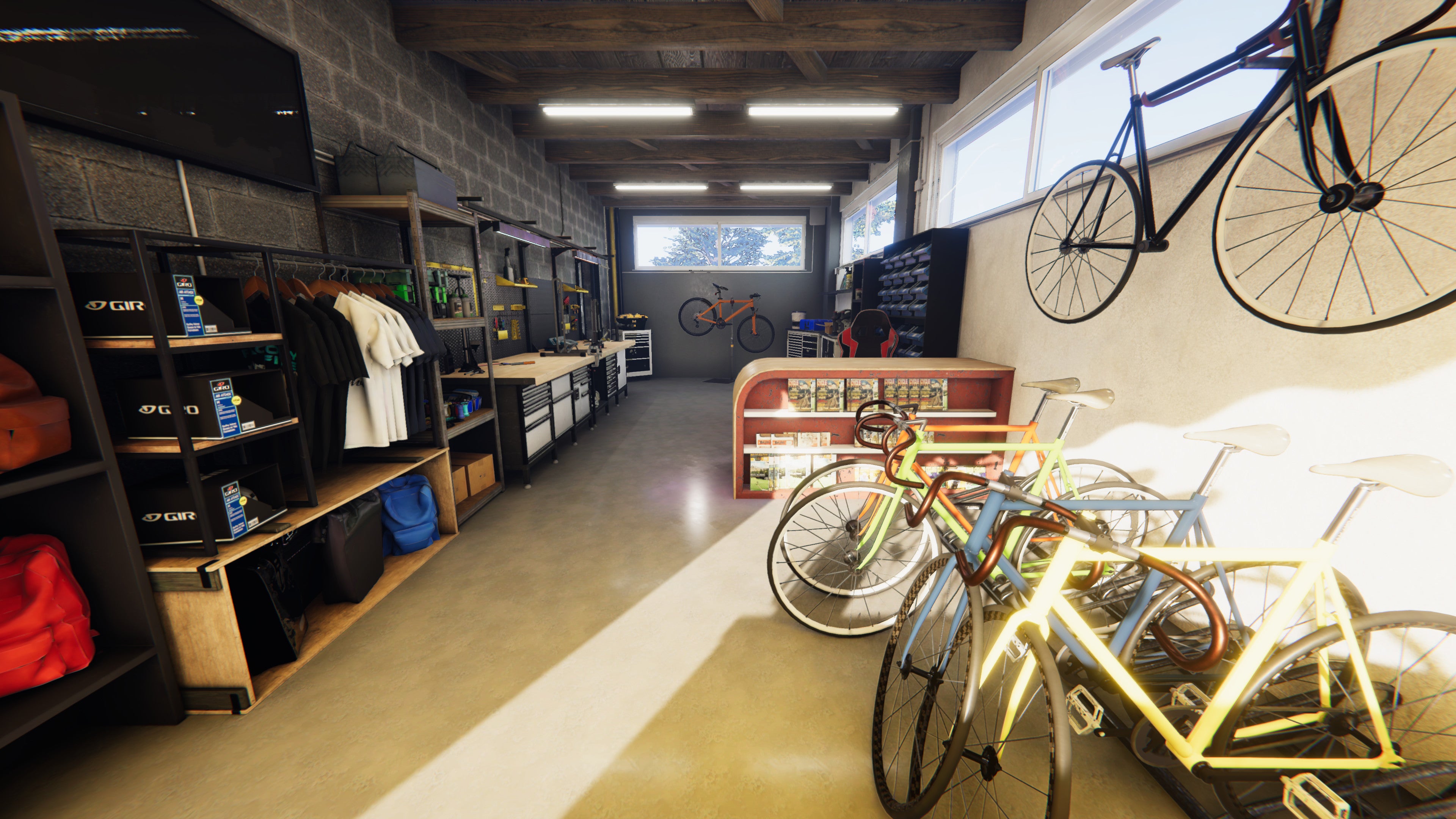 A bicycle repair shop in a Bike Mechanic Simulator 2023 screenshot.